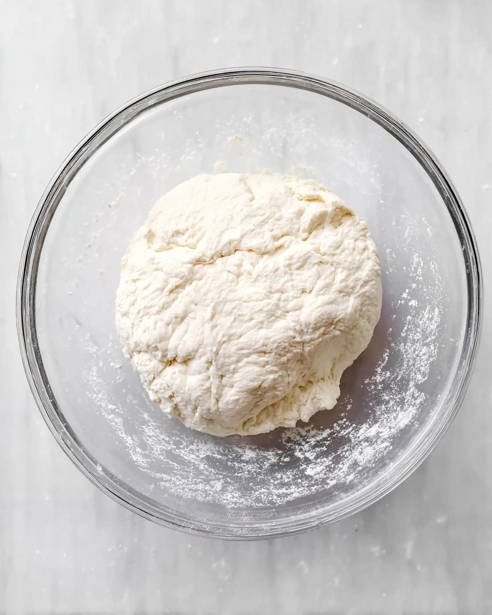 A clear glass bowl sits on a white marbled surface, holding a single large ball of dough that is white in color with a slightly rough and cracked texture on top. The dough rests in the center of the bowl, showing some uneven edges and a soft, fluffy appearance. The bowl’s sides are clear and smooth, with some flour dust visible inside. photo taken with an iphone --ar 4:5 --v 7