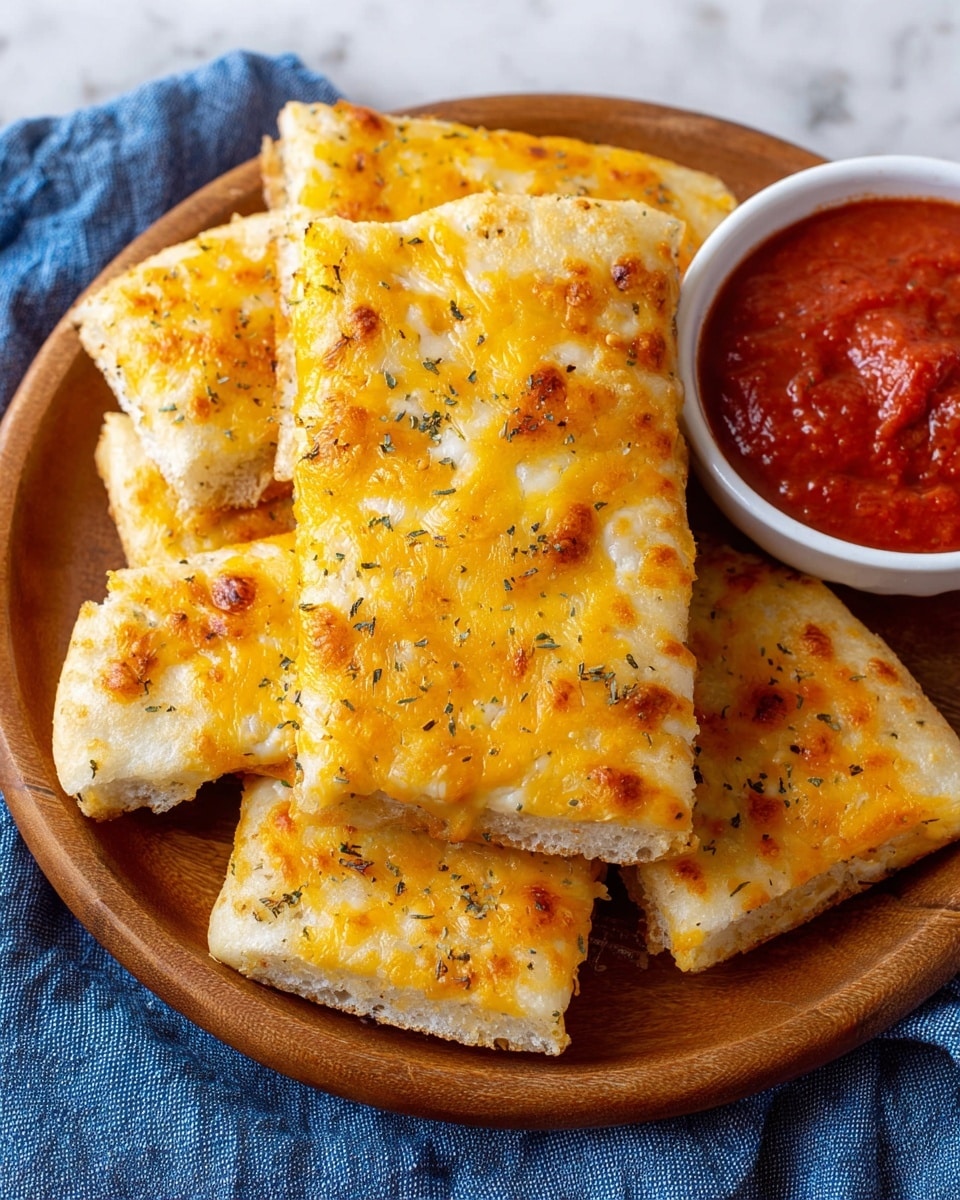 A wooden round plate holds eight rectangular pieces of cheesy bread stacked slightly overlapping. The cheesy bread has a golden-yellow top layer with melted cheese and small herbs scattered on it. The bread's bottom layer is a pale white crust with a soft texture. On the side of the plate, a white small bowl contains thick bright red marinara sauce with a smooth surface. The plate is placed on a blue cloth with a textured look, set on a white marbled surface. photo taken with an iphone --ar 4:5 --v 7
