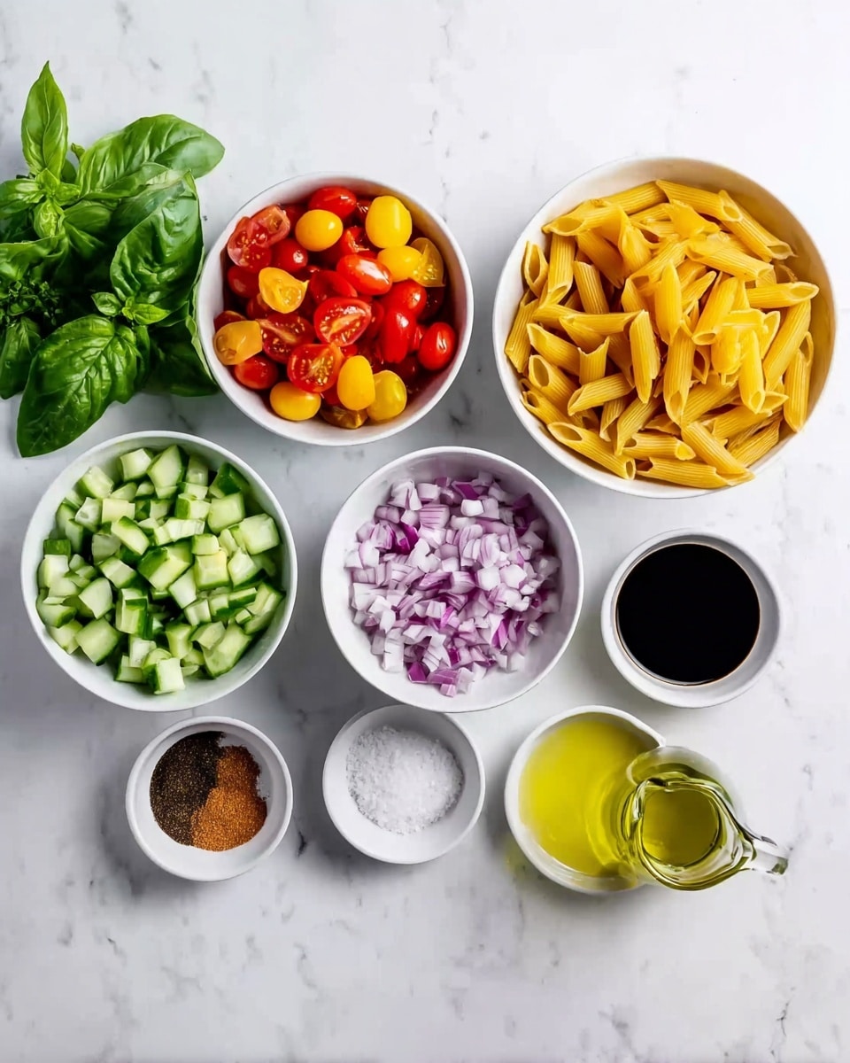 The image shows eight white bowls and a small bunch of green basil leaves arranged on a white marbled surface. The top left bowl holds red and yellow cherry tomato halves, bright and shiny, with a mix of reds and yellows. To the right, a bowl is filled with cooked yellow pasta penne, smooth and solid. Below that, a bowl with green cucumber pieces, chopped into small cubes. Next to it, a bowl with chopped purple onion pieces, uneven in size but bright and fresh. In the middle bottom row, from left to right, there is a bowl with white coarse salt, a small bowl with brown spices, a bowl filled with dark balsamic vinegar, almost black and glossy, and a small pitcher with clear light yellow olive oil. The basil leaves are fresh and green on the far left side. The white marbled surface is clean and bright, highlighting the colorful ingredients. photo taken with an iphone --ar 4:5 --v 7