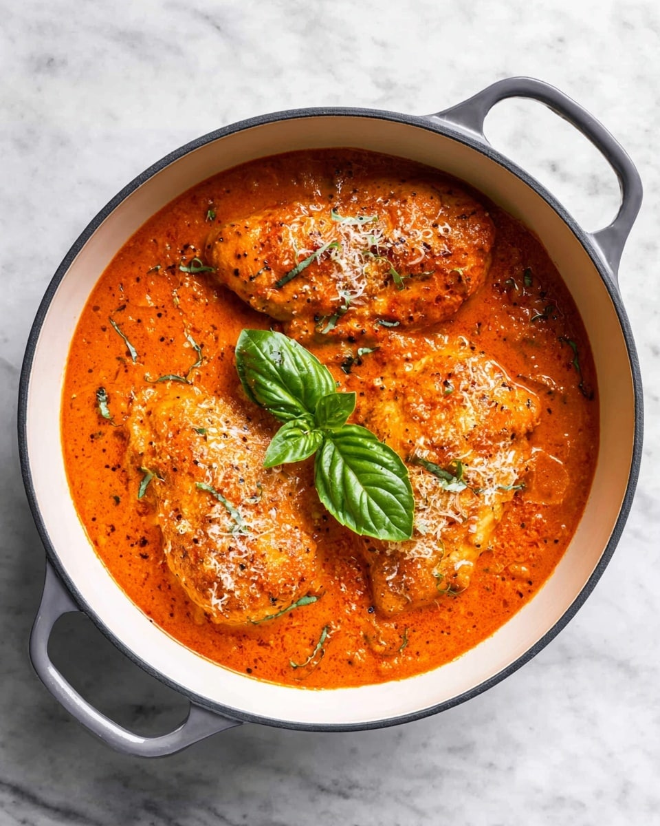A white round pot filled with three large pieces of chicken covered in thick, bright orange-red sauce. The sauce looks creamy with small black pepper and herb specks stirred in. Each chicken piece is topped with a sprinkling of grated cheese and has a fresh green basil leaf placed on top. The pot has two gray handles and sits on a white marbled surface. photo taken with an iphone --ar 4:5 --v 7