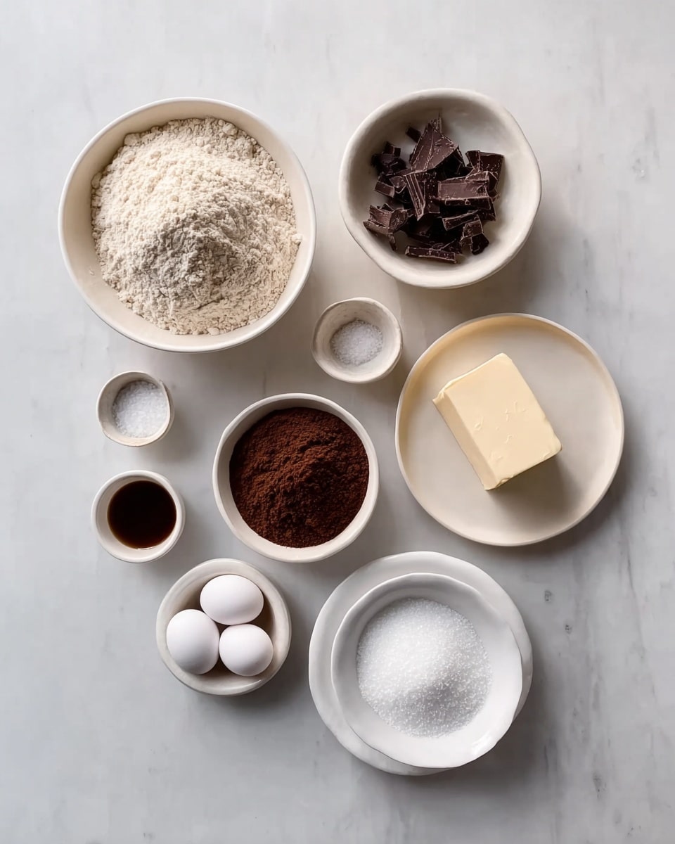 The image shows nine white bowls and one white plate arranged on a white marbled surface. In the center, there is a white bowl filled with light flour. Above it, a white bowl holds dark chocolate shavings. To the right of the chocolate, a small block of pale butter rests directly on the surface. Below the butter, a small white bowl contains dark coffee powder, and beneath that, another small white bowl holds a dark liquid, likely vanilla extract. On the far left side, two small white bowls sit side by side; one holds coarse salt, and the other has a white powder, probably baking soda. In the bottom left, a white bowl contains two white eggs. Lastly, in the bottom right, a white plate carries white granulated sugar. The scene is lit softly, with light shadows and textures visible. photo taken with an iphone --ar 4:5 --v 7