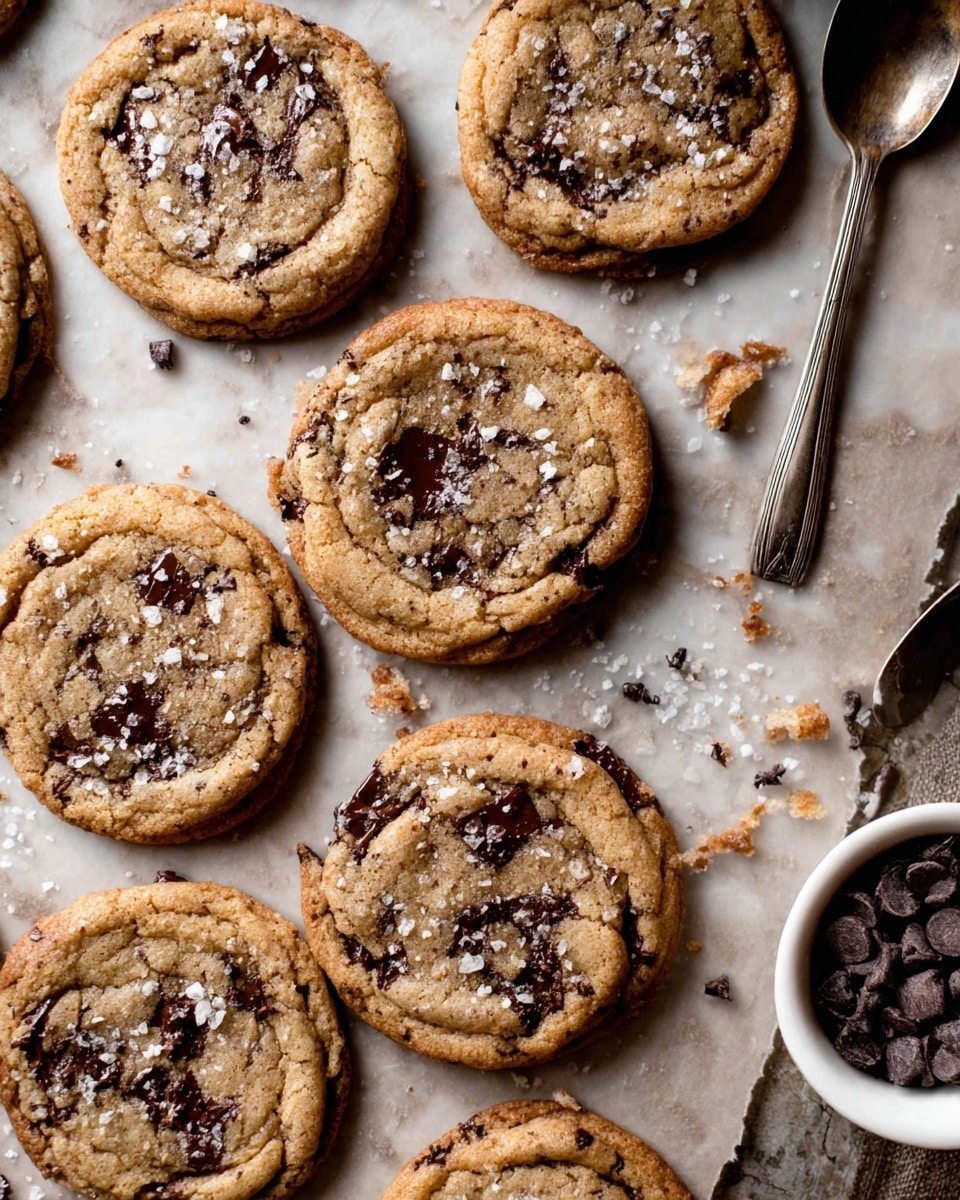 The image shows about eight round cookies on a baking tray with a white marbled texture underneath. Each cookie is golden brown with visible dark chocolate chunks scattered inside and slightly melted on the surface. The cookies have a slight crackled texture with some coarse salt sprinkled on top, adding white specks against the warm cookie color. Near the top, there is a silver spoon lying horizontally, and to the right edge, a white bowl partially seen holding more dark chocolate chips. Scattered chocolate chips and crumbs are around the cookies on the tray. The lighting is warm and soft, emphasizing the texture of the cookies. photo taken with an iphone --ar 4:5 --v 7