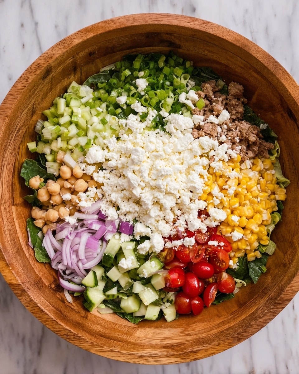 A large wooden bowl contains a colorful salad with several layers arranged in a circular pattern. The outer layer has chopped green onions, leafy greens, ground meat, chickpeas, and sliced red onions, each placed in separate sections. Inside this ring, there are diced cucumbers, cherry tomatoes mixed with corn. On top at the center, there is a generous pile of white crumbled cheese. The bowl is placed on a white marbled surface photo taken with an iphone --ar 4:5 --v 7