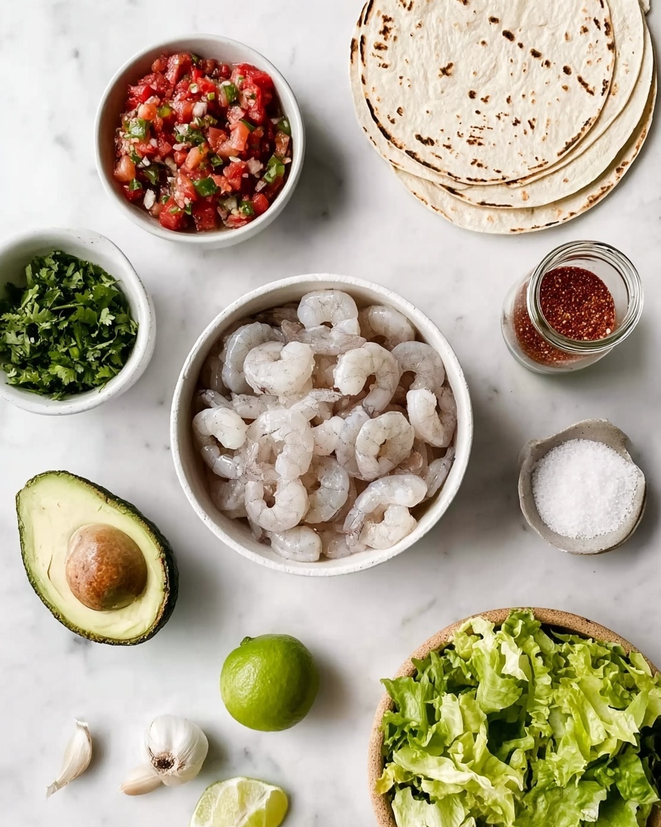 The image shows a white bowl in the center filled with raw peeled shrimp that are light gray and translucent. Around this bowl, there are several bowls and items on a white marbled surface: at the top left, a white bowl with red and green chunky salsa made of diced tomatoes, onions, and herbs; below and to the left, a smaller white bowl with fresh chopped cilantro; below and slightly right, half a lime with a pale green inside. To the right of the shrimp bowl, there is half an avocado with a dark green outer peel and a light green inside with a seed in the middle, next to a small white bowl filled with coarse white salt. At the top right, there is a stack of six white corn tortillas with brown grill marks. At the bottom right, a white bowl is filled with chopped fresh green lettuce. A small glass jar with red seasoning sits near the salsa bowl, and a single garlic clove lays near the bottom center. Photo taken with an iphone --ar 4:5 --v 7
