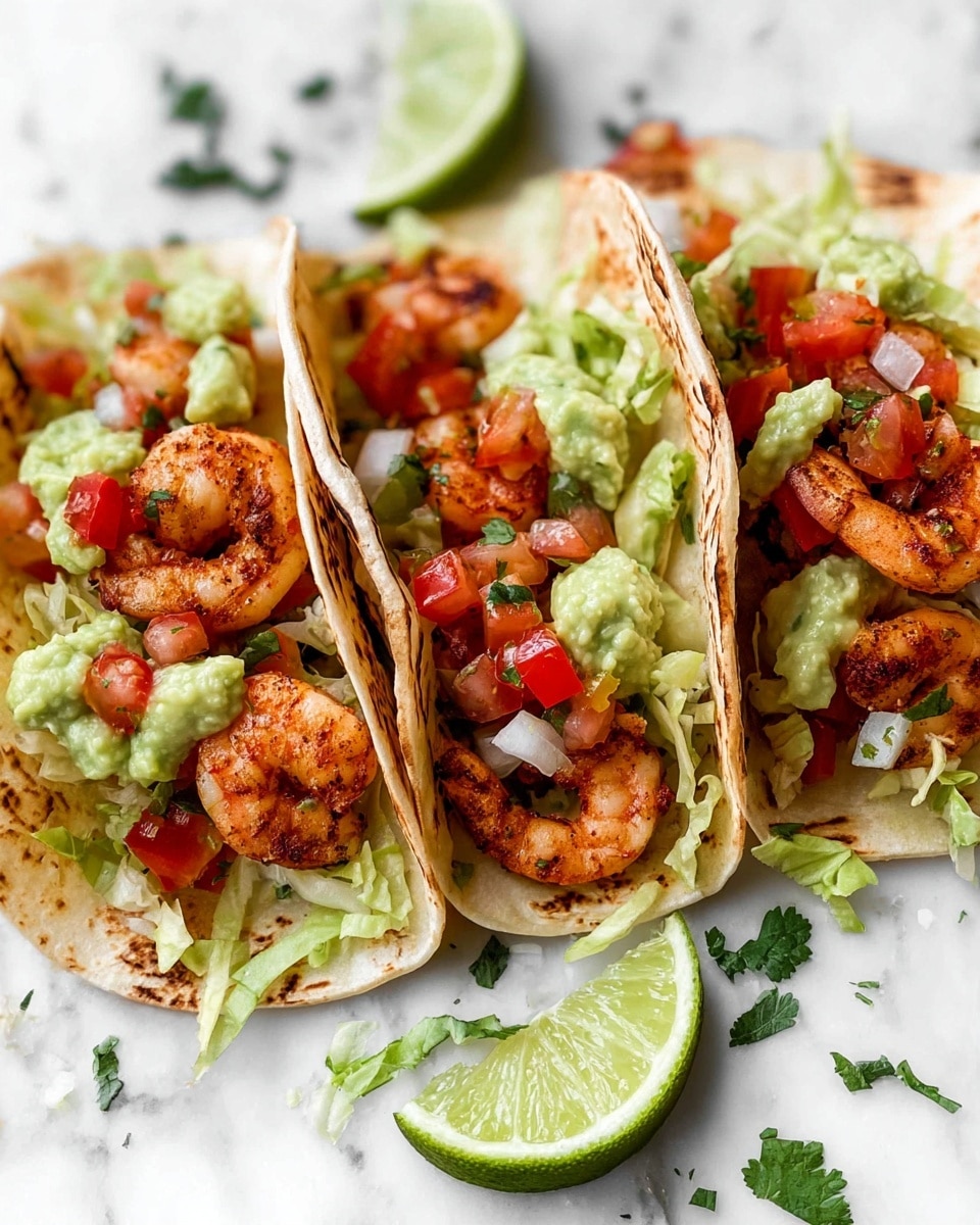 Three soft grilled tortillas are folded and filled with layers starting from the bottom with light green shredded lettuce, followed by bright orange shrimp with a slightly charred look, then topped with chunky red diced tomatoes, small white onion pieces, green jalapeño bits, and dollops of pale green guacamole. The tacos rest directly on a white marbled surface, with a sliced lime wedge placed in front and small green cilantro leaves scattered around. The edges of the tortillas have light brown grill marks and the whole scene is bright and fresh. Photo taken with an iphone --ar 4:5 --v 7