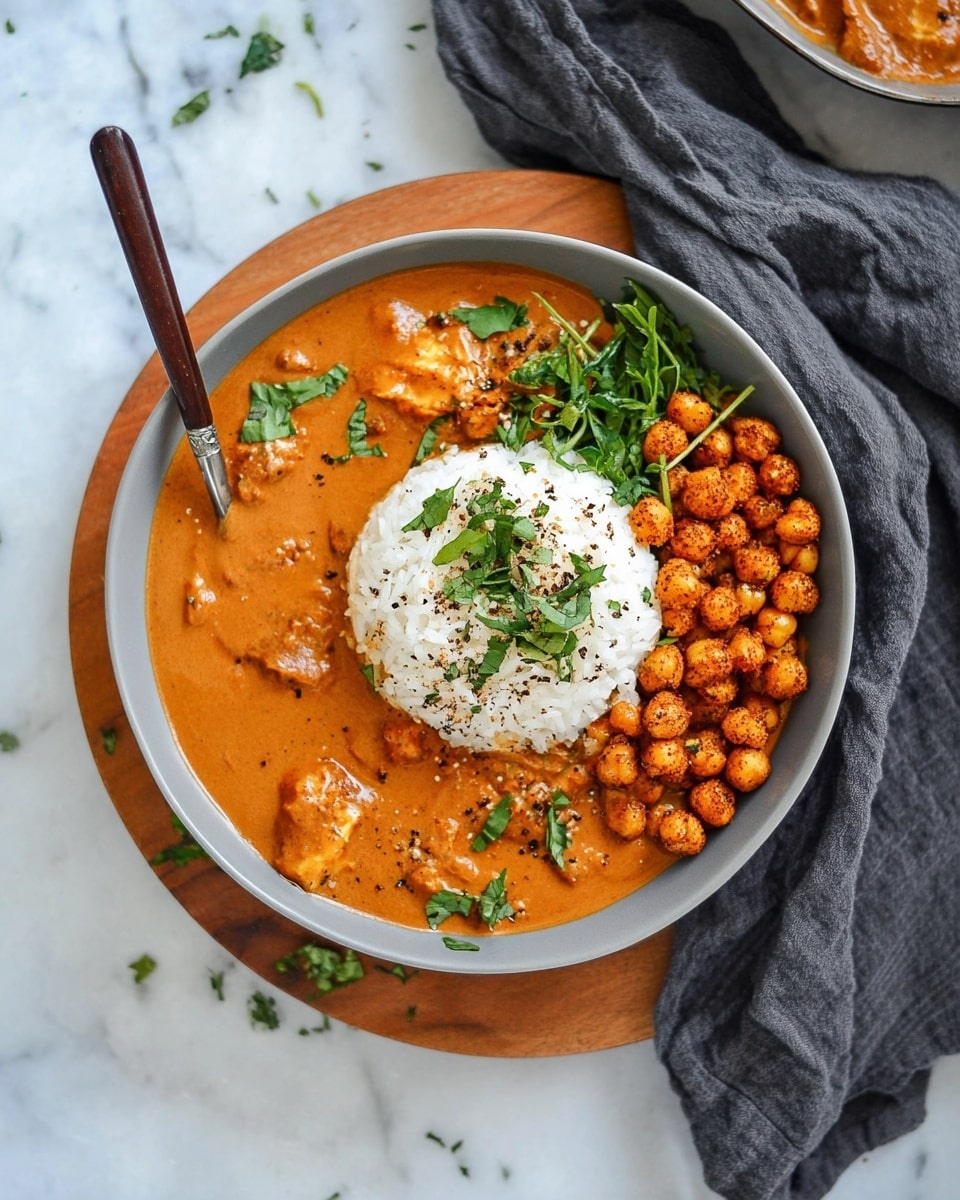 A shallow white bowl holds three main layers: a thick orange curry sauce spread across the bottom, with pieces of cooked vegetables visible inside; a mound of white rice placed in the center, topped with fresh green herb leaves and sprinkled with black pepper; and a portion of golden-brown cooked chickpeas piled on one side of the rice. The curry sauce is slightly glossy and smooth, while the chickpeas are textured and crispy. A wooden spoon with a dark handle rests inside the bowl on the left side. The bowl sits on a round wooden board placed on a white marbled surface, next to a dark gray cloth. Photo taken with an iphone --ar 4:5 --v 7