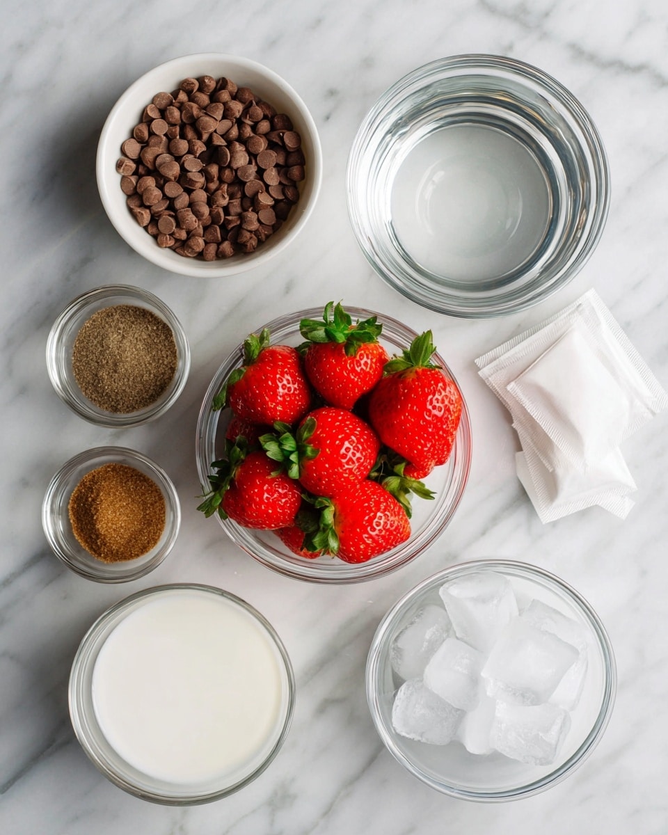 The image shows six different ingredients placed on a white marbled surface. From top left, there is a white bowl with small round brown chocolate pieces, next to it is a clear glass bowl filled with water. Below, in the middle, is a clear glass bowl full of bright red strawberries with green leaves on top. On the left side under the bowl, there's a clear glass bowl with white milk. Below it sits a small white bowl with brown sugar. To the right of the sugar bowl is another clear glass bowl filled with ice cubes, and next to it on the marble surface are two white tea bags. The image is bright and clear, showing the textures and colors of the ingredients well, photo taken with an iphone --ar 4:5 --v 7