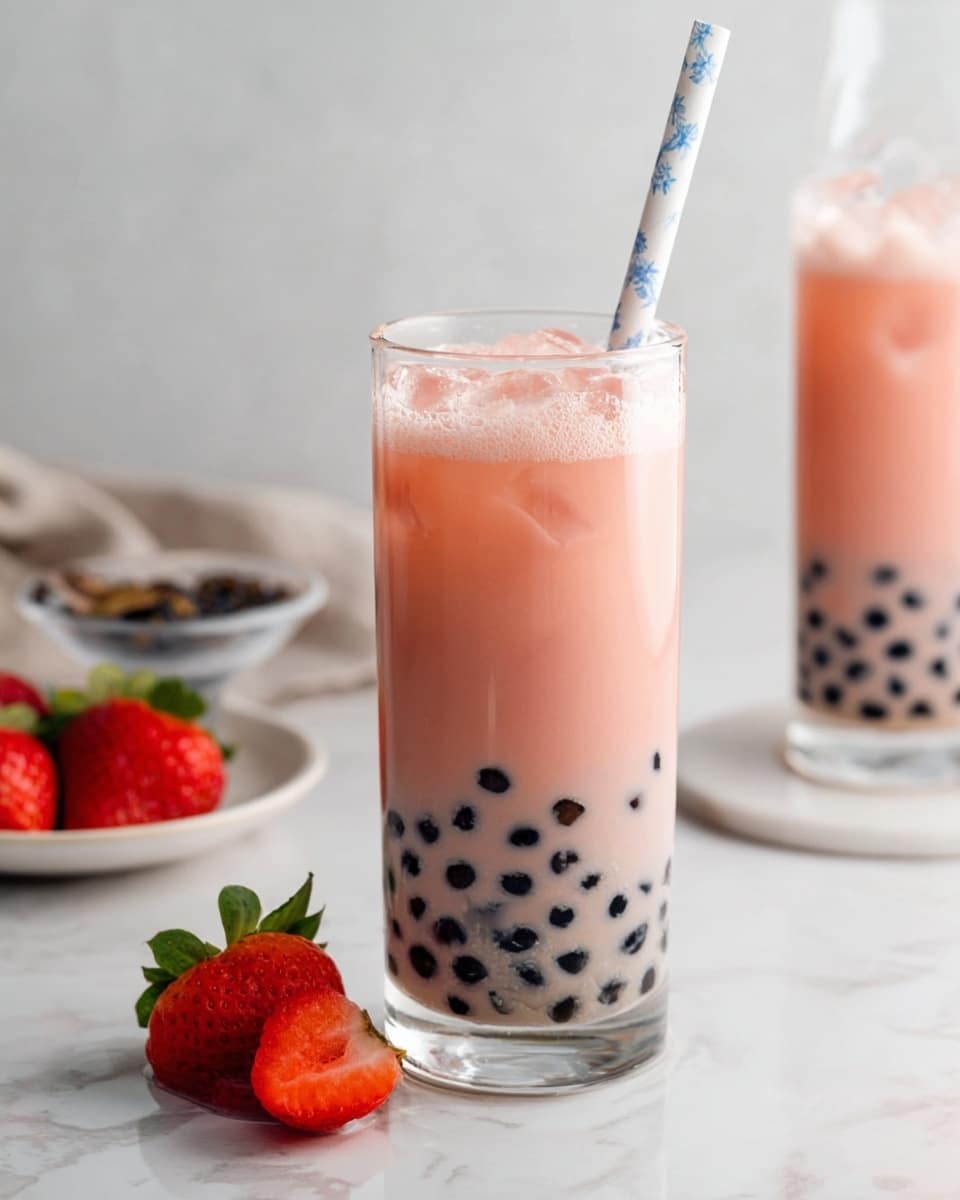 The image shows a tall clear glass filled with three layers: the bottom layer has many small black tapioca pearls, the middle layer is a light pink creamy drink mixed with the pearls, and the top layer has a foamy light pink surface with ice cubes floating inside. A white and blue patterned straw is placed in the glass. Next to the glass on the white marbled surface are two halves of a bright red strawberry with green leaves. In the background, there is another similar tall glass with black pearls and a pink drink and a small white plate holding a halved strawberry. photo taken with an iphone --ar 4:5 --v 7