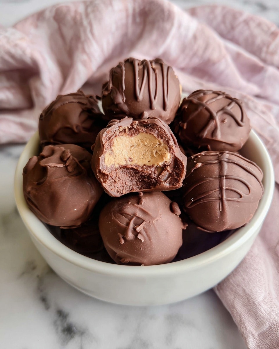 A white bowl filled with round chocolate balls, some smooth and some with a textured drizzle pattern on top. One ball is shown with a bite taken out, revealing two layers inside: a thin, dark brown chocolate outer shell and a thick, lighter brown creamy filling. The bowl is placed on a white marbled surface with a soft pink and white cloth in the background. Photo taken with an iphone --ar 4:5 --v 7