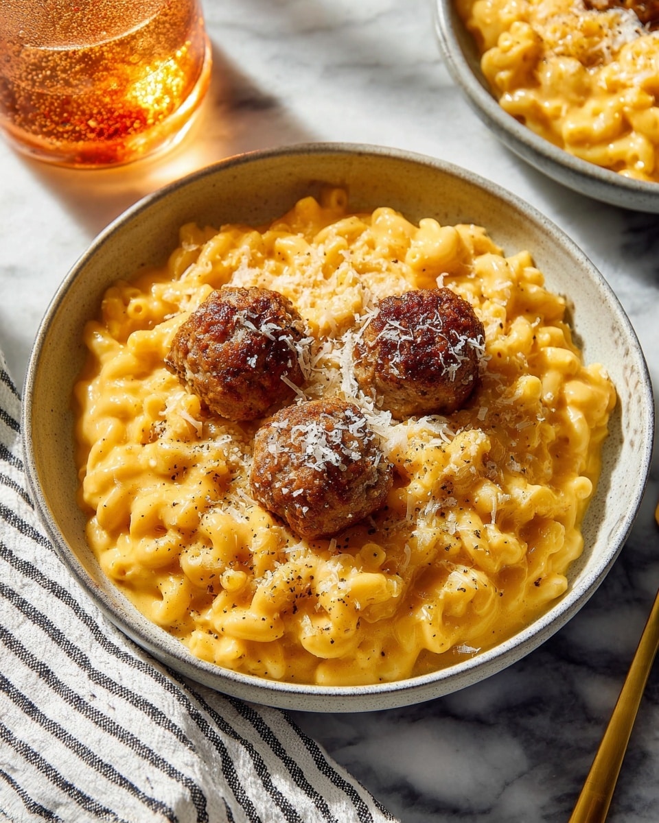 A shallow, round white bowl holds a creamy layer of orange-yellow macaroni pasta coated in cheese sauce with visible flecks of black pepper. On top, three browned meatballs are arranged in a triangle, each sprinkled lightly with grated white cheese. The pasta texture appears smooth and soft with small bubble spots, while the meatballs show a crisp, slightly uneven surface. The bowl sits on a white marbled surface with a white and black striped cloth nearby. In the background, there is a glass of amber-colored sparkling drink catching sunlight. Photo taken with an iphone --ar 4:5 --v 7