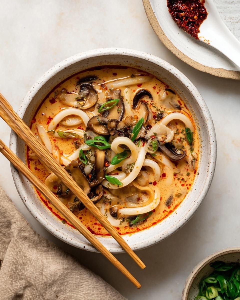 A white speckled bowl filled with a creamy soup containing thick, white udon noodles twisted with light specks of red chili oil and mixed with various sautéed mushrooms, including shiitake, scattered throughout. The soup has an orange-red tint in some spots from the chili oil, and green chopped scallions sprinkled on top add color contrast. Two light brown wooden chopsticks rest on the edge of the bowl. A white marbled surface forms the background, with a part of a white plate holding a spoon with dark red chili paste and more chopped scallions visible near the top right corner. A beige cloth is partially seen at the bottom left. Photo taken with an iphone --ar 4:5 --v 7