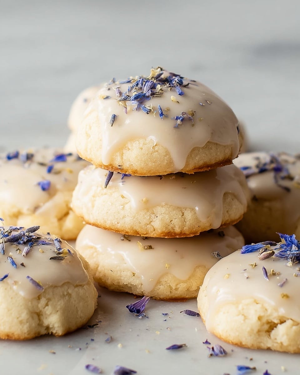 A close-up image shows a stack of eight soft round cookies with a light beige color. Each cookie has a shiny layer of pale cream-colored icing on top. Sprinkled on the icing are small dried flower petals in blue and purple, adding a delicate touch. The cookies sit directly on a white marbled surface, and there are a few loose dried petals scattered around them. The texture of the cookies looks slightly crumbly and fluffy beneath the smooth icing photo taken with an iphone --ar 4:5 --v 7