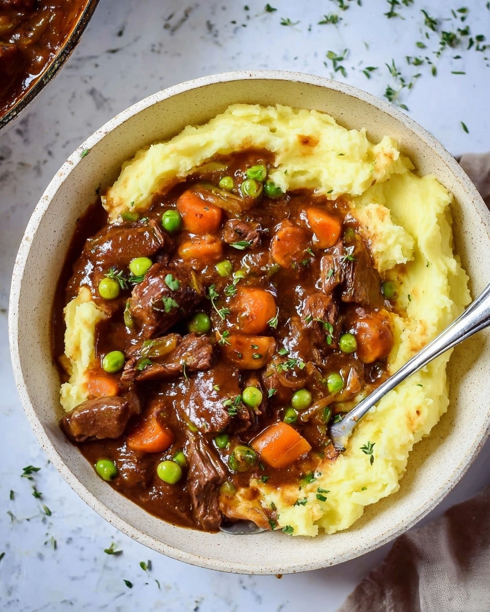 A white bowl filled with creamy mashed potatoes as the bottom layer, smooth and light yellow in color. On top, a rich brown beef stew layer with tender slices of beef, bright orange carrot chunks, and green peas scattered throughout. The stew looks thick and glossy, covering the mashed potatoes partially and garnished with small bits of green herbs. A silver spoon is placed inside the bowl. The bowl is placed on a white marbled surface with specks of green herbs around. Photo taken with an iphone --ar 4:5 --v 7
