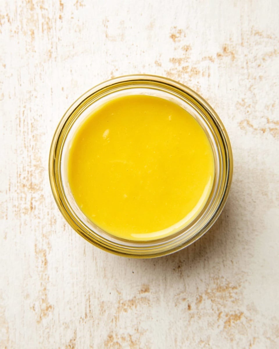 A small, clear glass bowl filled with a smooth, bright yellow sauce is placed on a white marbled surface. The surface around the bowl has a subtle rustic texture with light brown speckles, highlighting the vibrant color of the sauce inside. The sauce looks creamy and evenly spread, covering the entire inside base of the bowl. Photo taken with an iphone --ar 4:5 --v 7