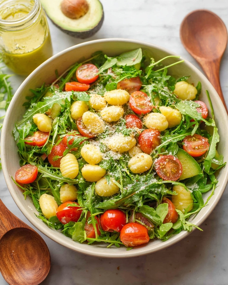 A large white bowl filled with a fresh salad that has three main layers: bright green arugula leaves as the base layer, small ripe cherry tomatoes cut in halves scattered evenly throughout the salad, and yellow gnocchi placed on top in small round sets adding a soft texture. The salad is lightly sprinkled with grated cheese or seasoning. The bowl is set on a white marbled surface with half an avocado and a glass jar of yellow dressing blurred in the background. A wooden spoon rests near the bowl. Photo taken with an iphone --ar 4:5 --v 7