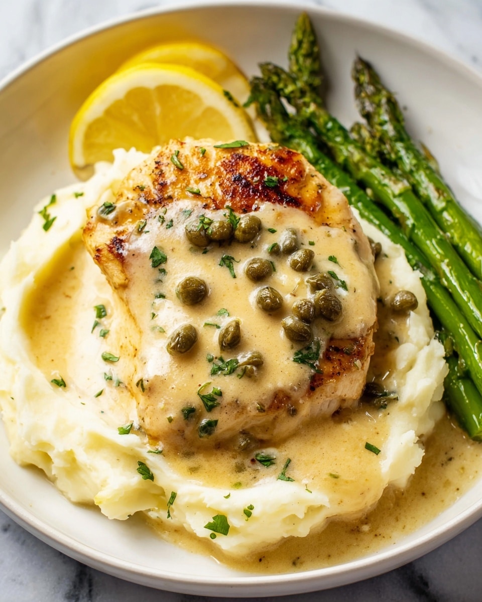 A white plate holds a serving of creamy mashed potatoes at the bottom right, covered partially by a piece of golden brown cooked chicken in the center, both topped with a smooth, pale yellow sauce dotted with green capers and finely chopped herbs. To the right of the chicken and potatoes, a small bunch of bright green asparagus spears lean outward. A wedge of yellow lemon peeks out from behind the chicken on the top left. The whole dish sits on a white marbled surface. photo taken with an iphone --ar 4:5 --v 7