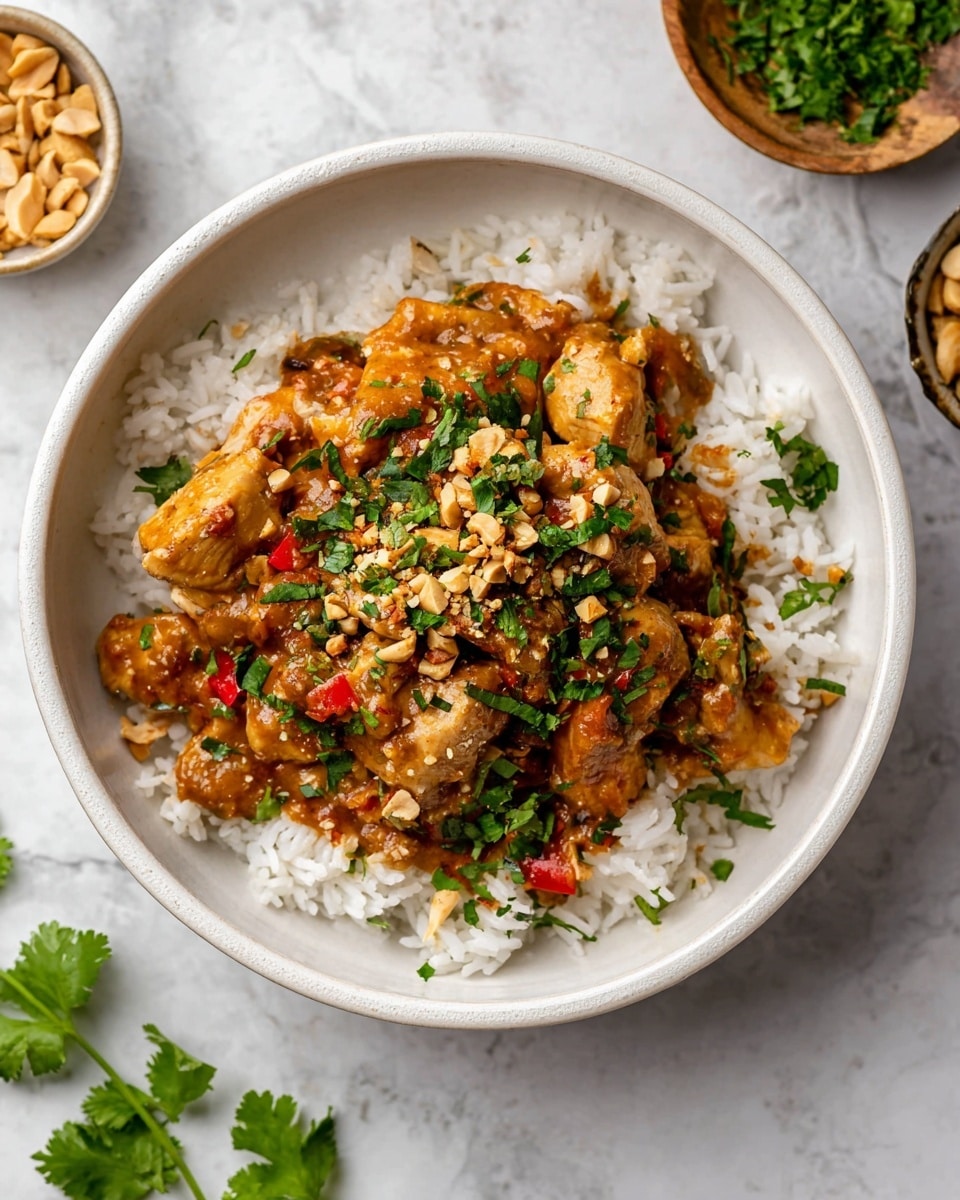 A white bowl filled with one layer of white rice as the base, topped with a layer of cooked chicken pieces covered in a thick, brownish-orange sauce with visible small chunks of vegetables like red peppers. The chicken layer is sprinkled with chopped green herbs and crushed peanuts. The bowl sits on a white marbled surface, with a few green herb leaves scattered nearby and small bowls of chopped herbs and peanuts partially visible at the top. Photo taken with an iphone --ar 4:5 --v 7