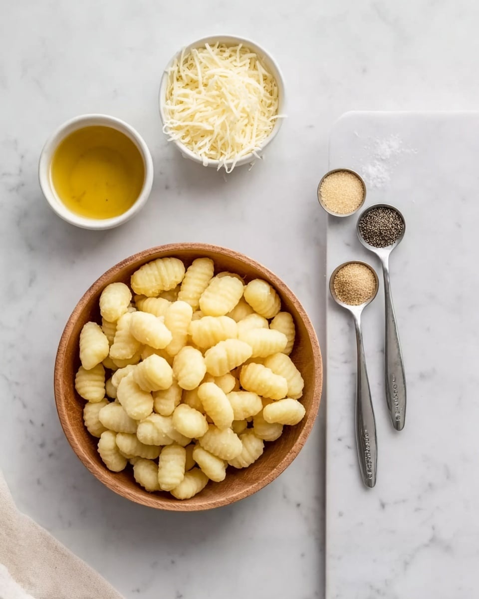 A light brown wooden bowl filled with small, pale yellow gnocchi sits on a white marbled surface. To the right of the bowl are three silver measuring spoons lined up vertically, each filled with black pepper, salt, and a beige powder, respectively. Above the bowl, there is a small white bowl containing golden-yellow liquid, and to the left of the bowl, nestled on the marble surface, is a small white bowl with grated cheese. The scene is bright with soft natural light, and everything is neatly arranged. photo taken with an iphone --ar 4:5 --v 7