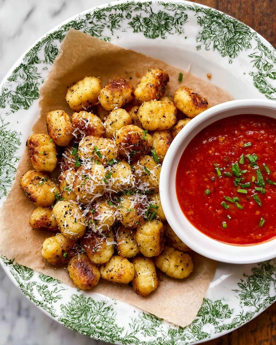 A round white plate with green floral patterns is lined with brown parchment paper holding a pile of golden-brown gnocchi, seasoned with dark specks of pepper and sprinkled with white cheese and small green herb pieces scattered on top. On the right side of the plate, a white bowl filled with bright red tomato sauce is garnished with small green herbs. The plate sits on a white marbled surface. photo taken with an iphone --ar 4:5 --v 7