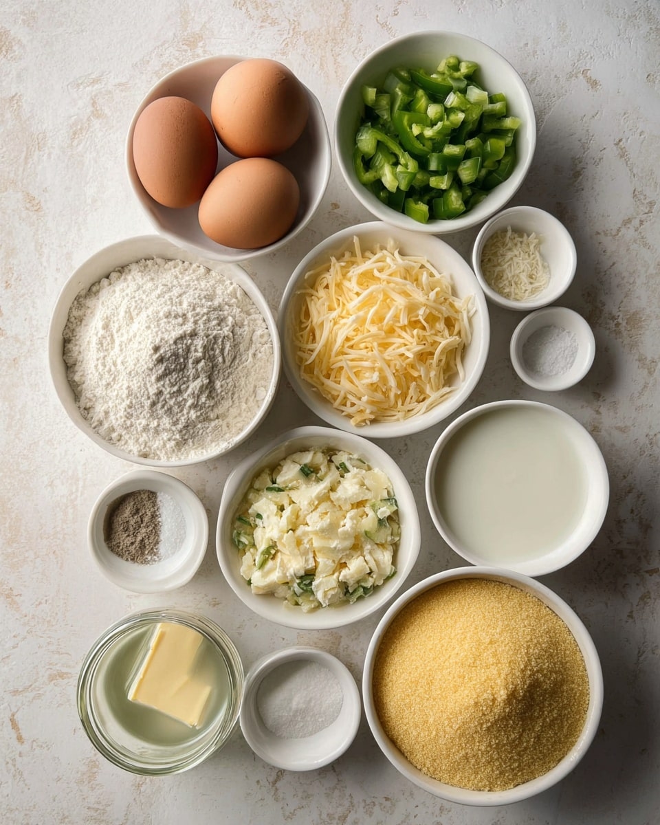 The image shows several white bowls and small white dishes arranged on a white marbled surface, each filled with different ingredients. There are two brown eggs in one bowl, white flour in another, and a bowl with a creamy mixture containing corn kernels. Another bowl holds shredded yellow and white cheese, while a separate bowl has chopped green bell peppers. There is a glass with a white liquid, a small jar with melted yellow butter, and a bowl full of yellow cornmeal. Smaller white dishes contain salt, pepper, and other fine white and light-colored powders. Everything is neatly arranged and the lighting is soft and natural. photo taken with an iphone --ar 4:5 --v 7