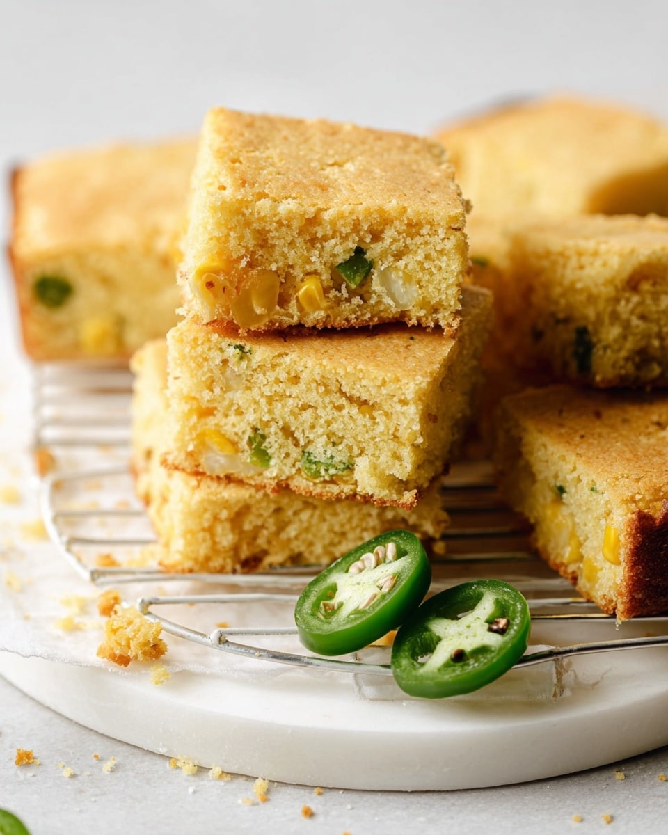 The image shows several square pieces of cornbread stacked on a white round cooling rack with a white marbled surface underneath. Each piece has a golden brown top and a light yellow inside filled with small corn kernels and green chili bits, adding texture and color. One piece in the center is slightly eaten, showing a crumbly and soft inside with scattered bits of corn and green chili. A couple of green chili slices with seeds are placed near the cooling rack on the marbled surface, and some crumbs and small bits are scattered around, adding a casual and fresh look. Photo taken with an iphone --ar 4:5 --v 7