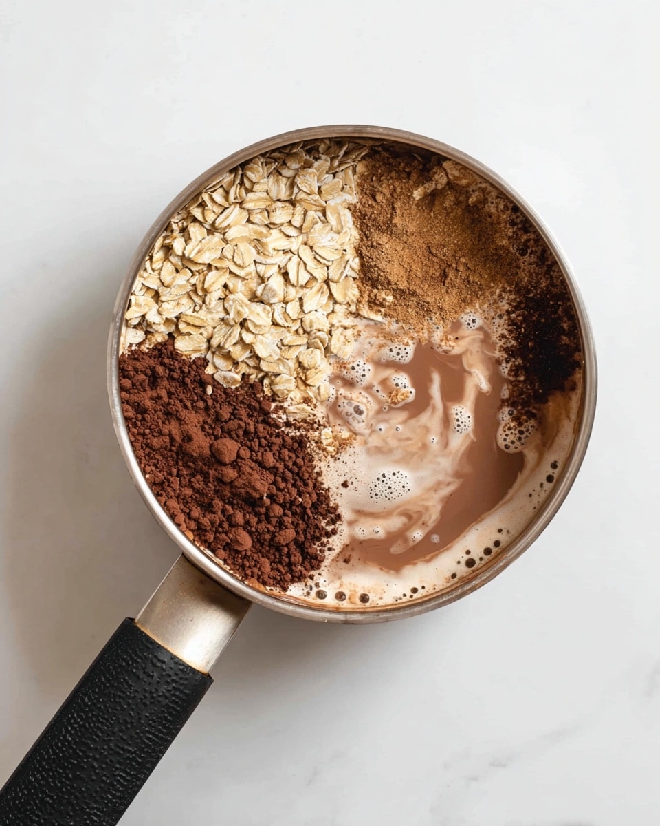 A top view of a pot containing four main layers of ingredients, placed on a white marbled surface. The first layer is light brown rolled oats occupying nearly half the pot on one side, with a dry, flaky texture. Next to it, a light brown powdery layer, likely cinnamon, is present along the edge of the oats. Adjacent to this is a rich dark brown cocoa powder layer with a soft, fine texture. The final section contains a milky liquid with a light tan color mixed with a darker chocolate liquid, creating a swirled effect with a smooth and slightly bubbly surface. The pot handle is black with a textured grip and extends out from the lower left side of the image. Photo taken with an iphone --ar 4:5 --v 7