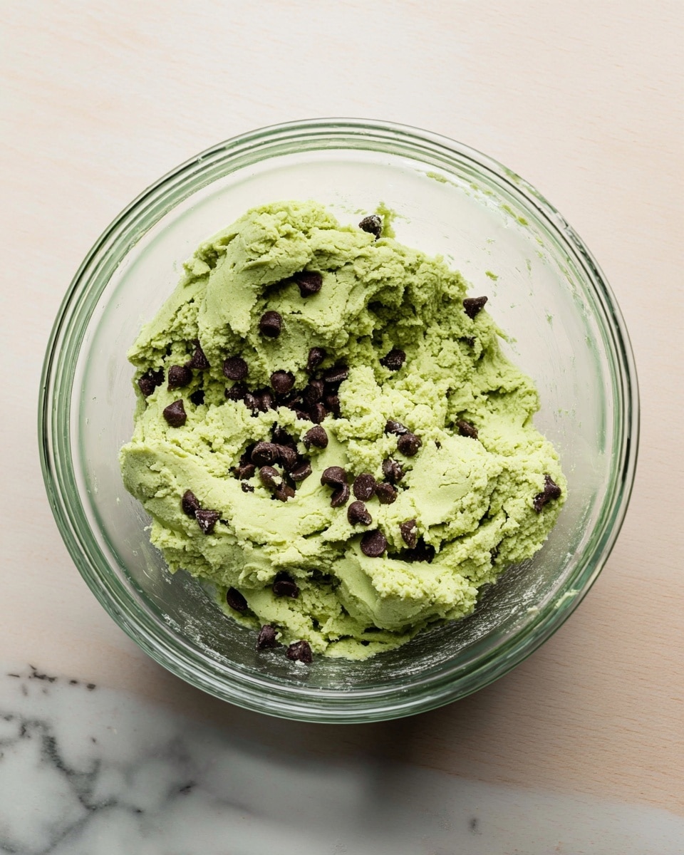 In a clear glass bowl, there is green dough mixed with dark brown chocolate chips evenly scattered throughout. The dough looks soft and slightly crumbly with some small ridges and folds. The bowl is placed on a white marbled surface. Photo taken with an iphone --ar 4:5 --v 7