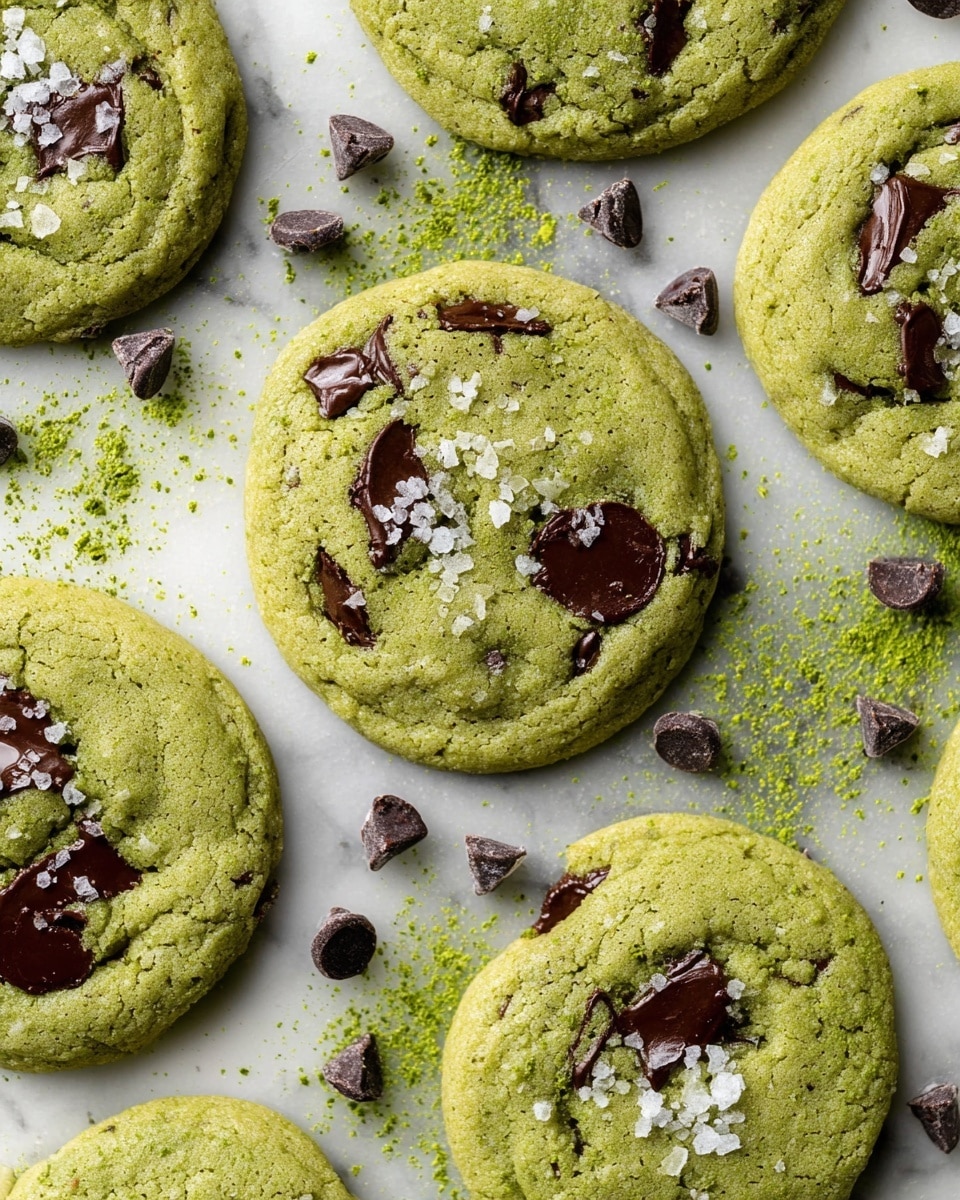 The image shows close-up of multiple round cookies spread on a white marbled surface. Each cookie is thick with a soft texture and a muted green color, with dark chocolate chips partially melted into the surface. Scattered flakes of white sea salt are sprinkled on top of the cookies, adding contrast. Around the cookies, there are loose dark chocolate chips and small bright green specks, likely matcha powder, on the surface. The cookies have uneven edges and slight cracks, showing their softness. photo taken with an iphone --ar 4:5 --v 7