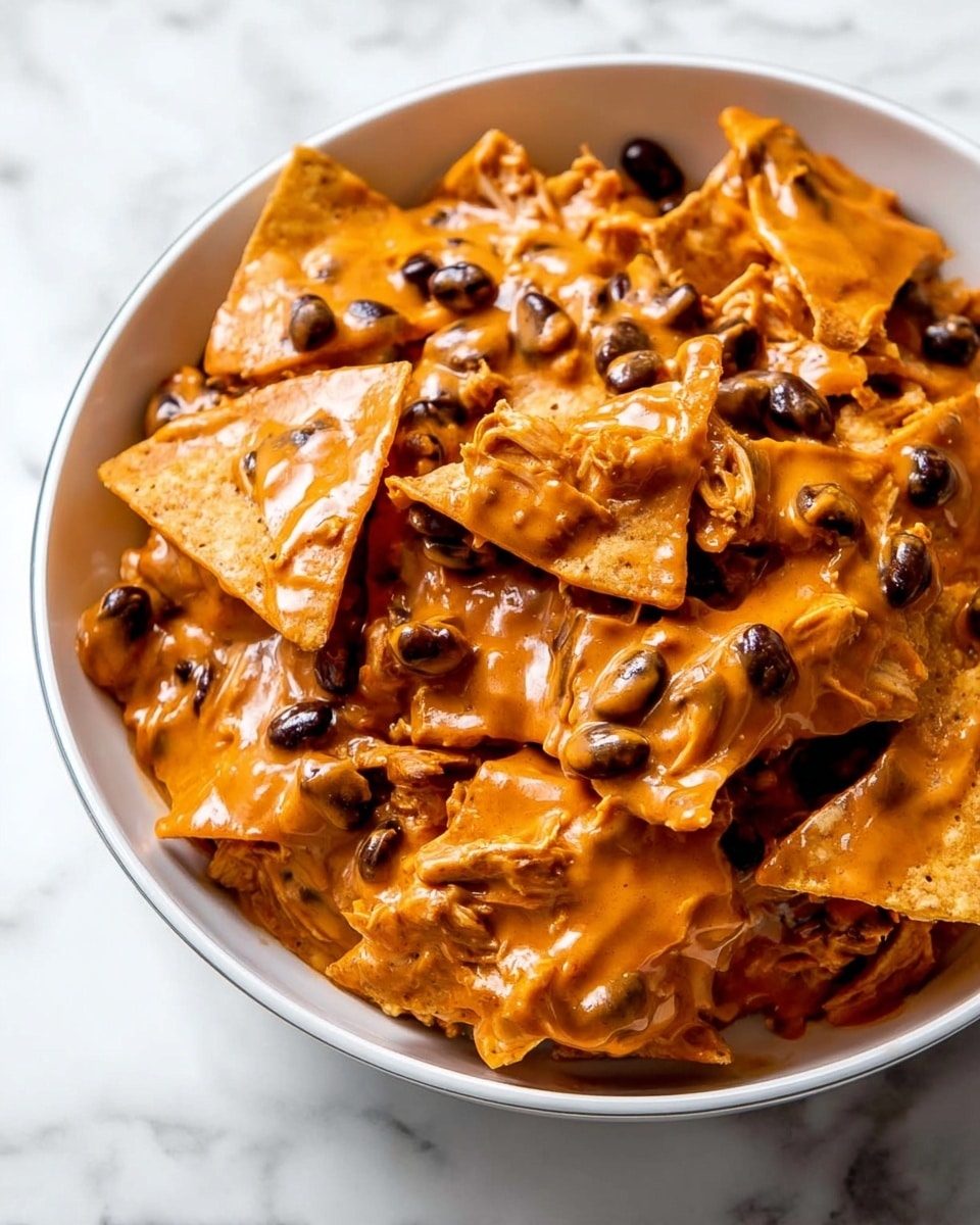 A white bowl filled with layered tortilla chips covered in a thick, creamy orange sauce mixed with black beans and shredded pieces of chicken. The chips are triangular and slightly crispy looking, soaking partly in the sauce. The orange sauce coats the beans and chicken, giving a smooth and rich texture while some beans are whole and scattered on top. The bowl sits on a white marbled surface. Photo taken with an iphone --ar 4:5 --v 7