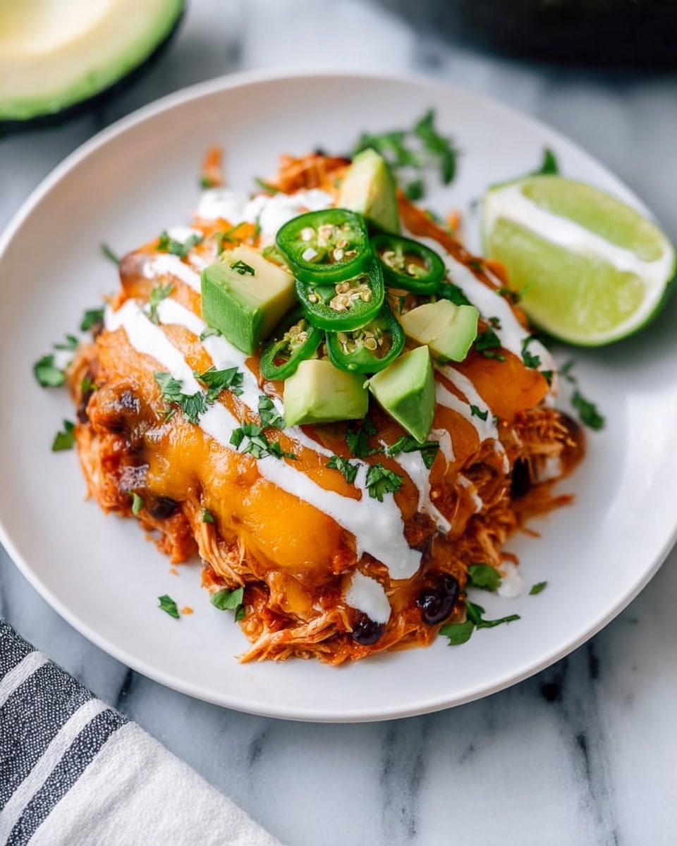 A white plate holds a layered dish starting with shredded chicken mixed with black beans in a reddish sauce at the bottom. On top, there is a melted orange cheese layer, covering the chicken. The cheese is draped with white cream drizzles, green sliced jalapeños, and small pieces of avocado. Some chopped green herbs are sprinkled all over. At the side of the plate rests a half lime wedge, showing its juicy light green inside. The plate sits on a white marbled surface, with a small part of a striped cloth visible nearby. Photo taken with an iphone --ar 4:5 --v 7