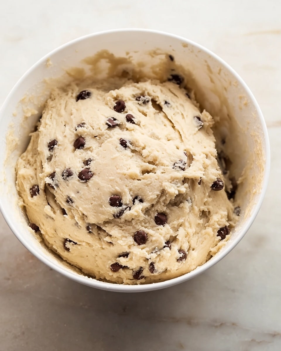 A white bowl filled with light beige dough that has a soft, sticky texture and is studded with small, dark brown chocolate chips spread evenly throughout. The dough looks slightly risen and sticky, with some strands stretched across the surface. The bowl sits on a white marbled textured surface in soft natural light. photo taken with an iphone --ar 4:5 --v 7