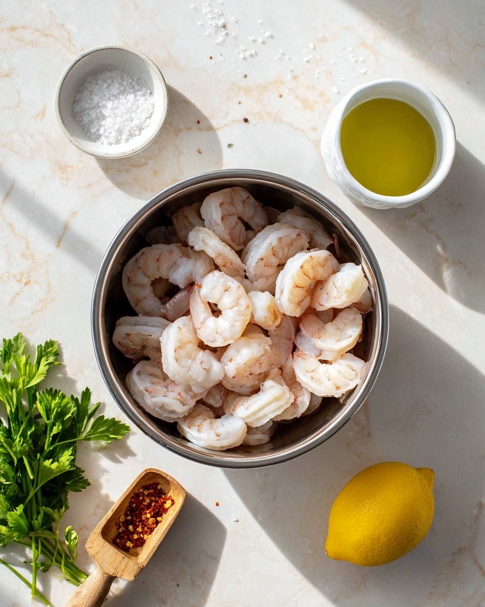 A metal bowl filled with raw shrimp that are pale pink and white with a smooth texture, arranged loosely inside the bowl. Around the bowl on a white marbled surface, there is a small white dish with coarse salt and pepper, a bright yellow lemon on the right, a small white cup with green olive oil, a wooden scoop with red pepper flakes, and fresh green parsley leaves on the left. The light shines softly from the top left, creating shadows. photo taken with an iphone --ar 4:5 --v 7
