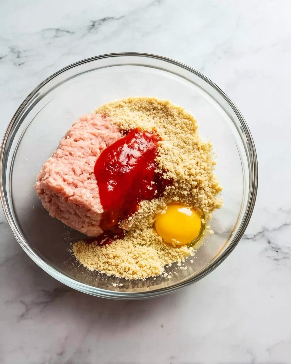 A clear glass bowl sits on a white marbled surface, filled with several ingredients layered visibly. At the base, there is a large block of pale pink ground meat. To one side of the meat, there is a pile of light beige breadcrumbs with a grainy texture. An uncooked bright yellow egg yolk rests beside the breadcrumbs, and a splash of vibrant red sauce is poured on top of the meat near the egg. The mixture shows distinct colors and textures in separate but touching sections within the bowl. Photo taken with an iphone --ar 4:5 --v 7