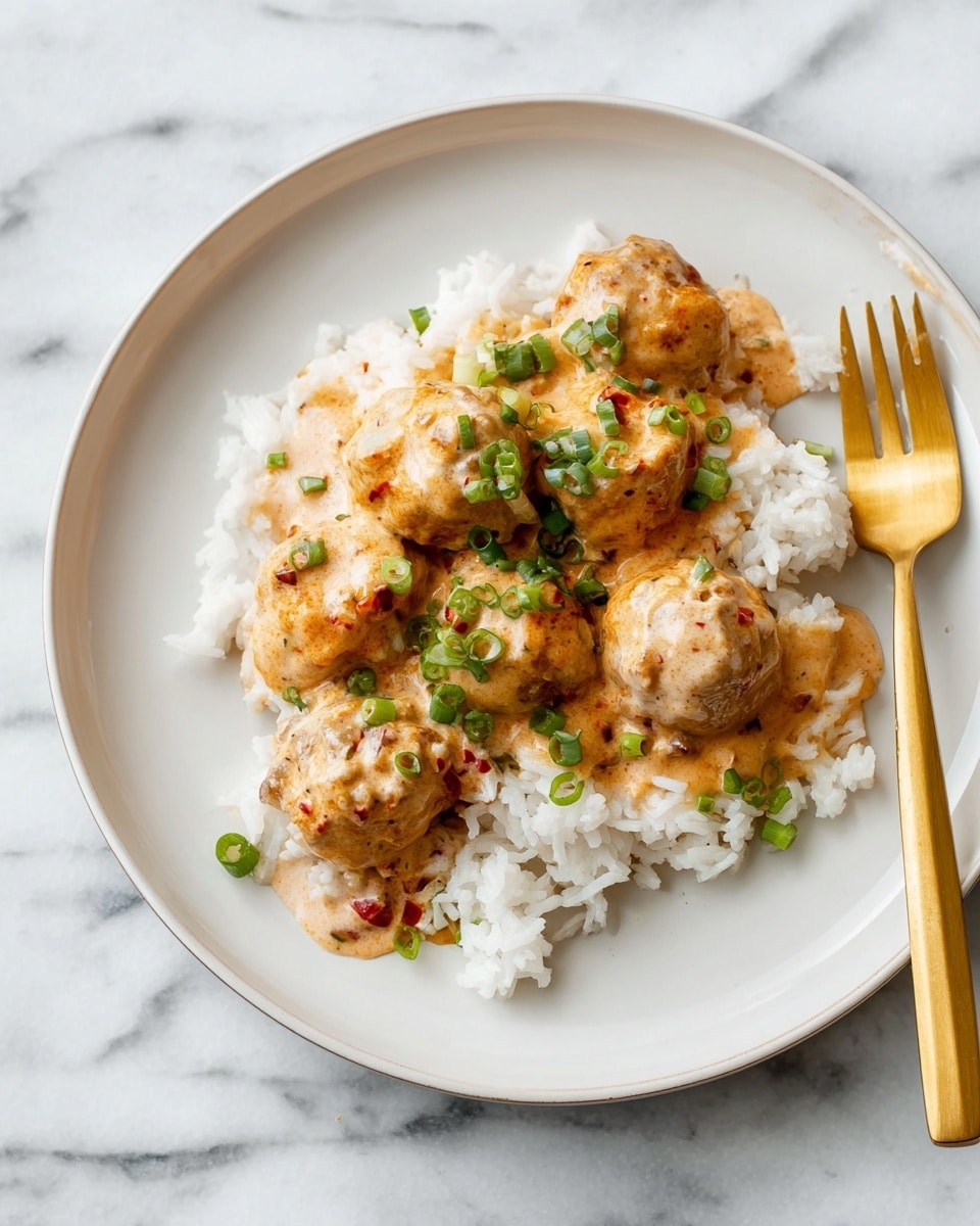 The dish shows a white plate with two main layers. The bottom layer is white rice that looks soft and fluffy, spread unevenly across the plate. The top layer has six round meatballs with a lightly brown and creamy texture, placed partly over the rice. The meatballs and rice are covered with a light orange creamy sauce that has a bit of thickness and small red specks. There are chopped green onions sprinkled on top of the meatballs, sauce, and rice, adding a fresh green color. A golden fork with a shiny finish rests on the right edge of the plate. The plate is placed on a white marbled surface. photo taken with an iphone --ar 4:5 --v 7
