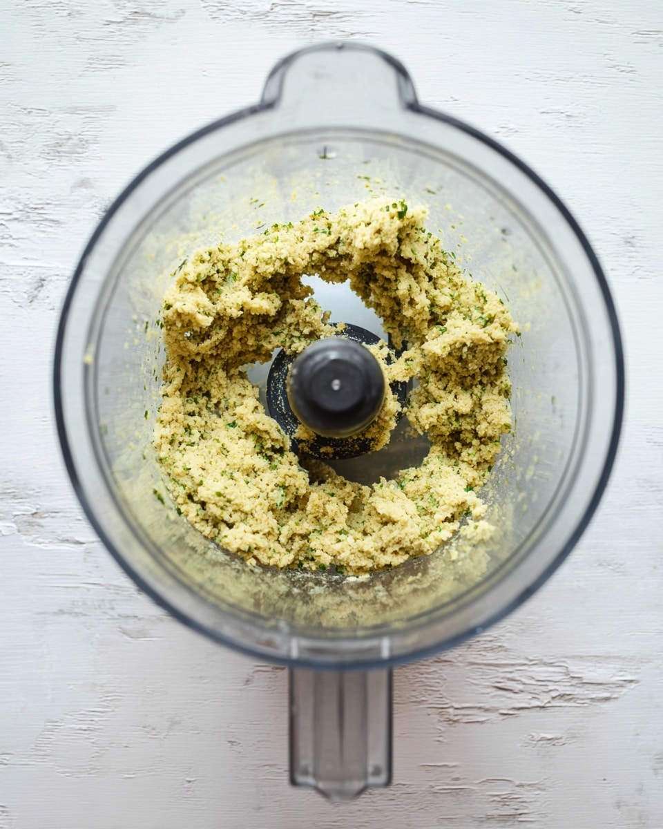 Inside a clear blender container, there is a roughly mixed yellowish-green dough with visible small bits of green herbs and seeds. The dough forms a loose ring around the sharp, metal blades at the center bottom of the container. The blender sits on a white marbled textured surface, and the view is from above, giving a clear look at the dough's crumbly texture mixed with herbs. photo taken with an iphone --ar 4:5 --v 7