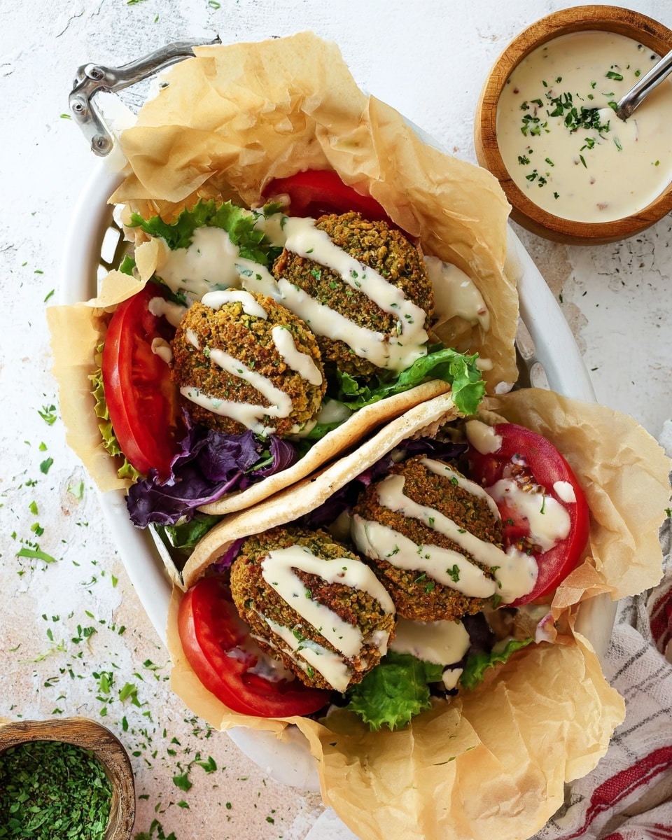 The image shows a white basket lined with light brown parchment paper holding a pita sandwich layered with three dark green falafel patties, each topped with a drizzle of creamy white sauce. Under the falafel, there are layers of green lettuce, deep purple leafy greens, and wedges of bright red tomato. The sandwich sits on a white marbled surface with scattered chopped green herbs around. A small wooden bowl on the top right corner holds more creamy white sauce sprinkled with green herbs, with a spoon nearby. Photo taken with an iphone --ar 4:5 --v 7