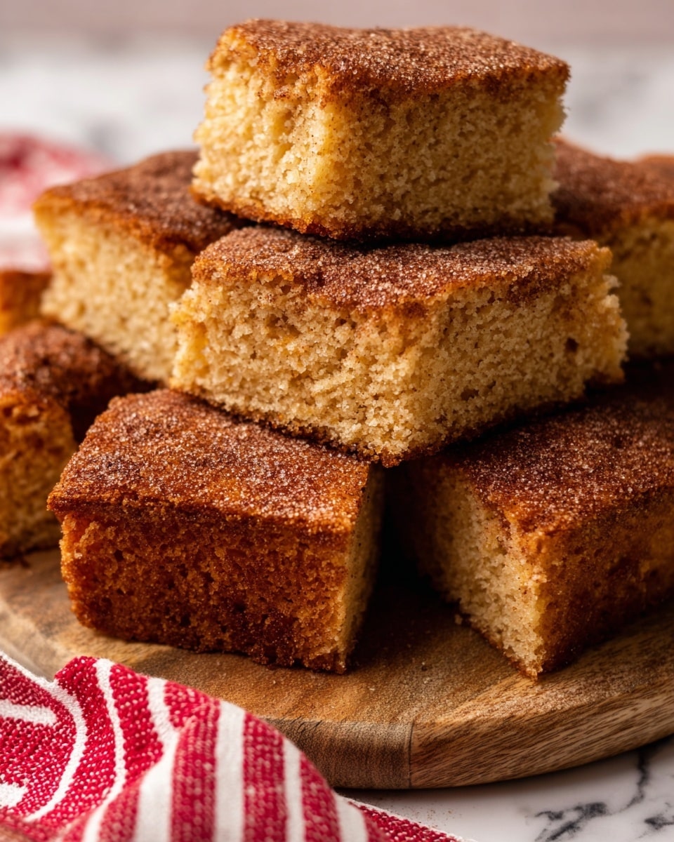 The image shows a stack of thick, square pieces of cinnamon cake with a rough, crumbly texture. Each piece has a golden brown color with a darker, slightly crispy top layer sprinkled with cinnamon sugar, creating a grainy look. The cake’s inside looks soft and porous with a light brown shade. The squares are arranged in a casual pile on a wooden board placed on a white marbled surface. A red and white striped cloth is partly visible in the corner. Photo taken with an iphone --ar 4:5 --v 7