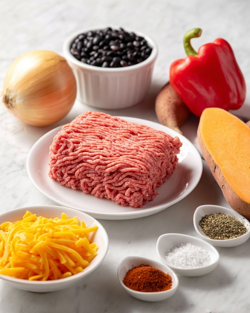 A white plate holds a neatly packed block of raw ground meat with a pinkish-red color and soft, textured lines. To the left on the white marbled surface is a whole yellow onion and a bright red bell pepper with a smooth shiny skin. Behind the meat, there is a white bowl filled with black beans, showing their glossy, dark texture. In the front left, a small white bowl contains shredded yellow cheddar cheese with a firm, curled texture. To the right of the meat are two orange sweet potatoes with rough skins. At the bottom right, a small white bowl contains neatly arranged piles of spices including red chili powder, brown cumin, black pepper, white salt, garlic powder, and dried herbs. photo taken with an iphone --ar 4:5 --v 7