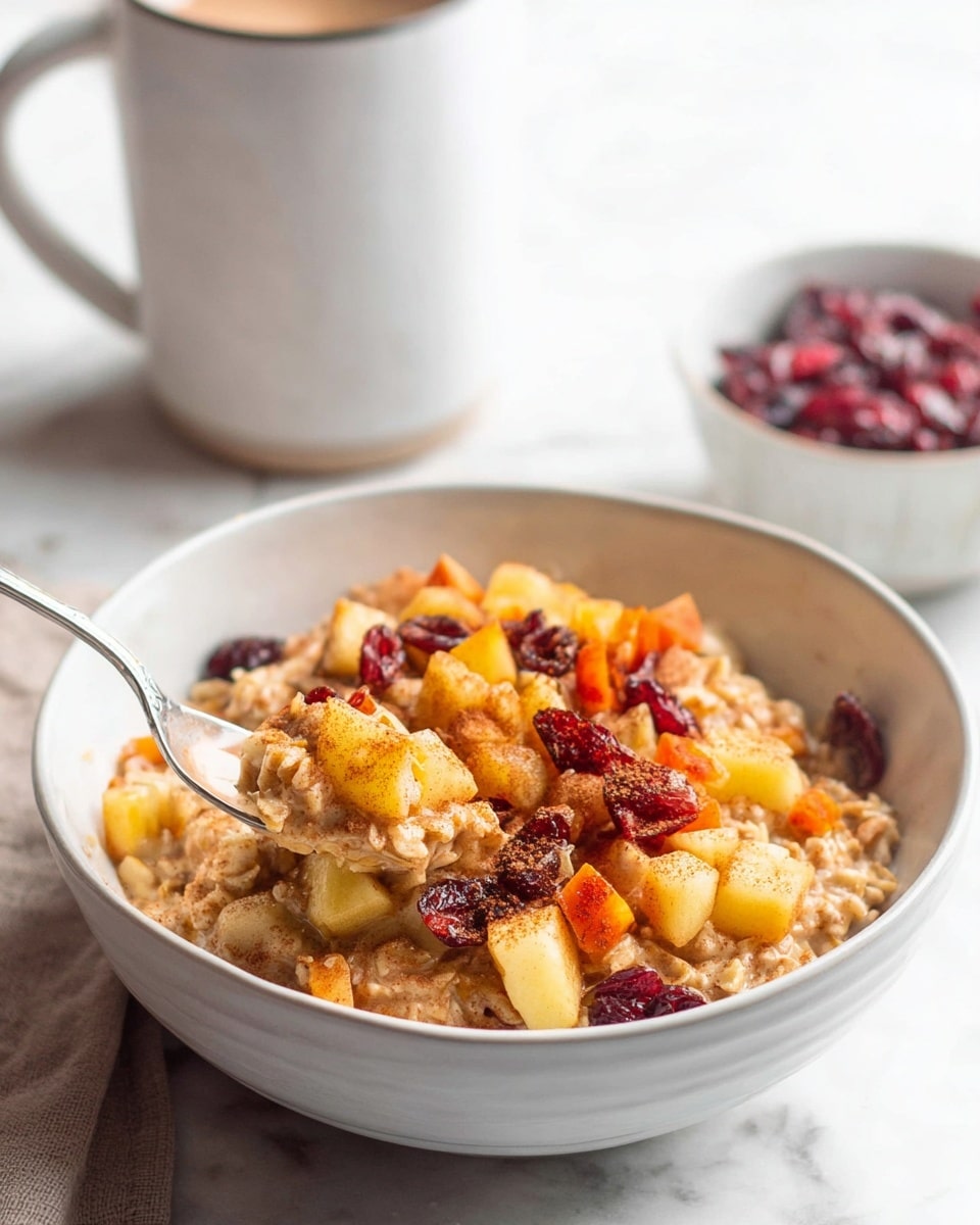 A white bowl filled with a layered oatmeal dish that has visible pieces of light yellow apple chunks, bright orange carrot shreds, and dark red dried cranberries scattered on top and mixed inside. The oatmeal looks creamy and textured, with a light dusting of cinnamon powder giving a warm brown tint over the surface. A silver spoon is resting inside the bowl with a bite-sized scoop of the oatmeal, apples, and carrot mix. In the background, a smaller white bowl with more dried cranberries is slightly blurred, sitting on a white marbled surface next to a white mug. The overall look is warm, cozy, and inviting, with soft natural light coming from the side. Photo taken with an iphone --ar 4:5 --v 7