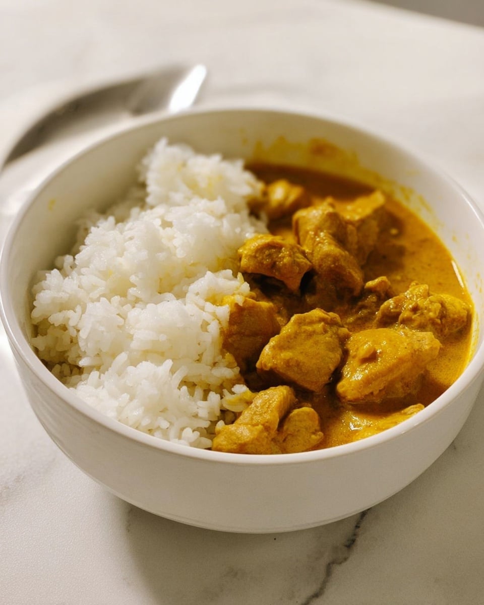 A white bowl filled with two layers: on one side, white fluffy rice with soft, grainy texture, and on the other side, thick golden curry with small chunks of tender meat coated in smooth sauce. The bowl sits on a white marbled surface. Photo taken with an iphone --ar 4:5 --v 7