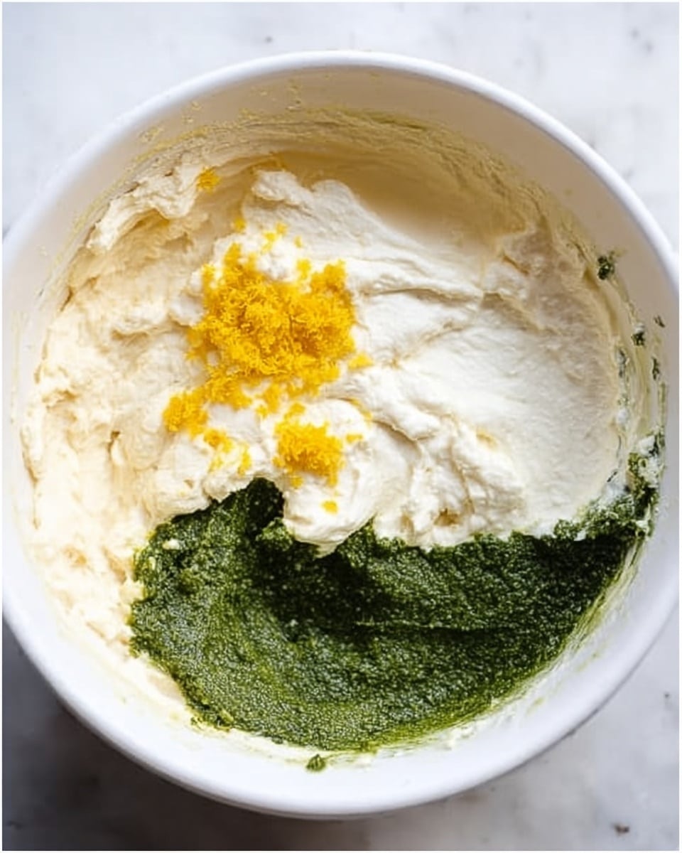 In a white bowl on a white marbled surface, there are three visible layers of ingredients. The left side has a thick, creamy white mixture with a smooth and fluffy texture. The top right section contains a dark green, slightly coarse paste. On top of the white cream on the left side, there is a small bright yellow pile of lemon zest, adding a fresh pop of color. The layers are clearly separated but seem ready to be mixed together. Photo taken with an iphone --ar 4:5 --v 7