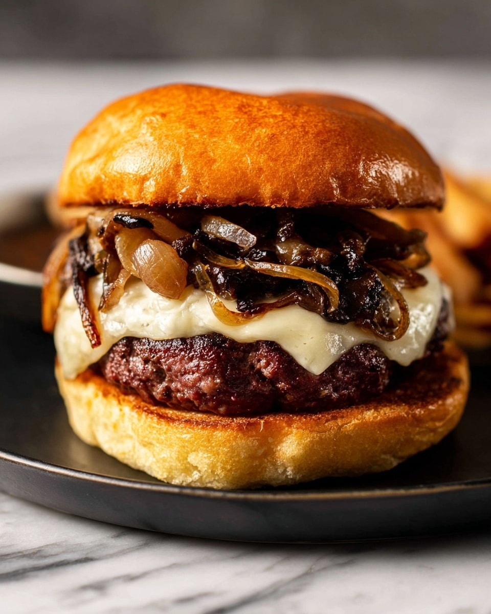 A close-up of a burger with three main layers, placed on a black plate over a white marbled surface. The bottom layer is a golden brown toasted bun with a soft texture. Above it sits a thick, juicy beef patty, dark brown with a slightly crispy outside. On top of the patty is a melted slice of creamy white cheese, covered with caramelized onions that are golden and slightly translucent. The top layer consists of sautéed dark brown mushrooms and more caramelized onions, all held together by a shiny, golden brown toasted bun with a soft white patch on top. Photo taken with an iphone --ar 4:5 --v 7