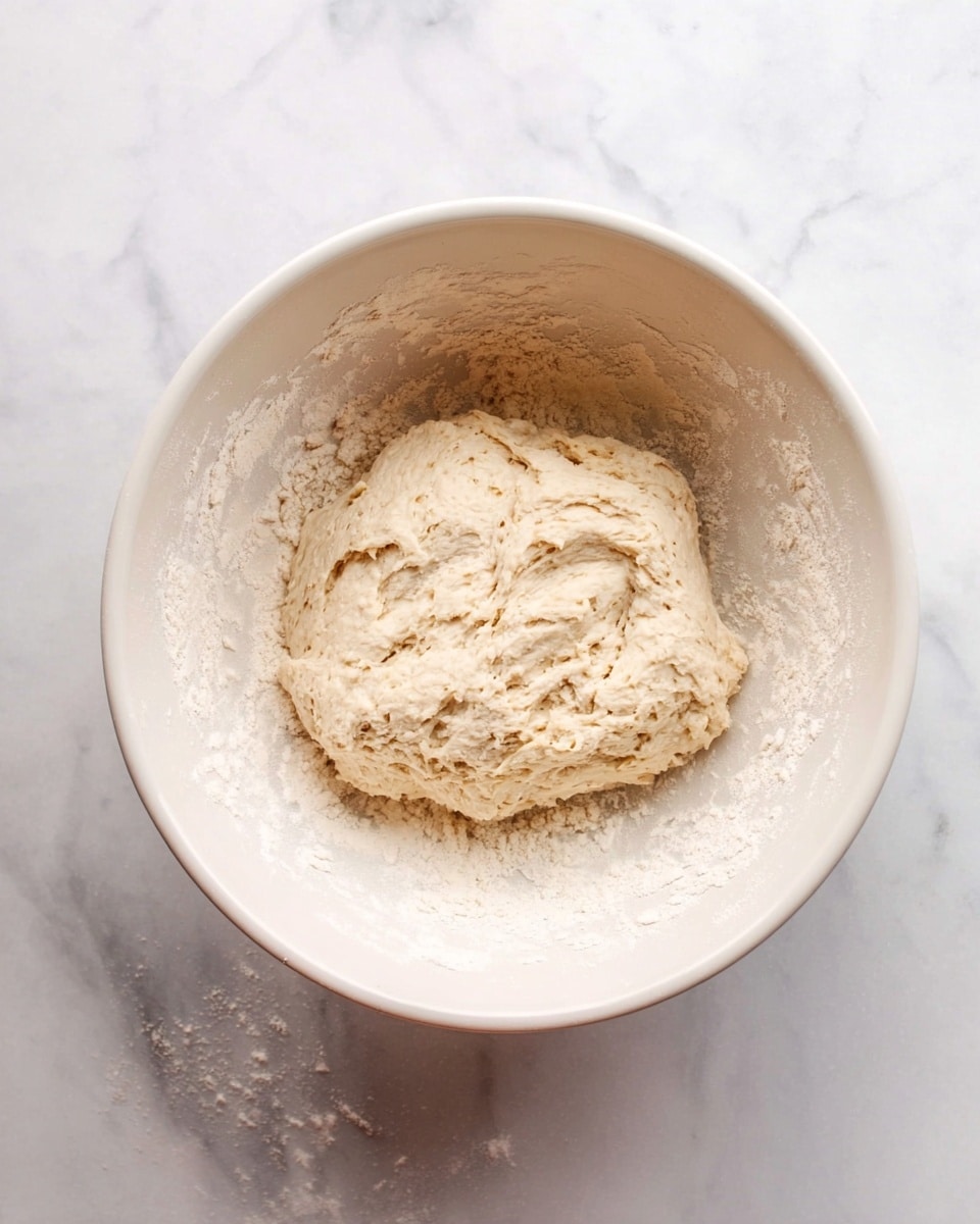 A white bowl holds a single layer of pale beige dough resting at the center with a slightly rough and uneven texture. The dough appears soft and sticky, with some edges folded onto itself and a light dusting of flour visible on its surface and inside the bowl. The bowl is placed on a white marbled surface that contrasts softly with the texture of the dough. Photo taken with an iphone --ar 4:5 --v 7