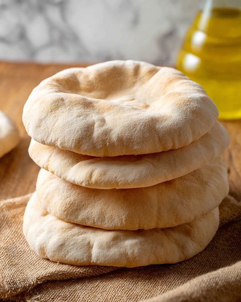 A stack of four puffed, round pita breads with a pale beige color and a soft, slightly textured surface. The pitas have a raised center forming a pocket, and their edges are gently wrinkled. The stack sits on a wooden surface with a textured cloth nearby, and part of a glass container with yellow oil is blurred in the background. The scene is set with a white marbled texture visible behind the wooden surface. photo taken with an iphone --ar 4:5 --v 7