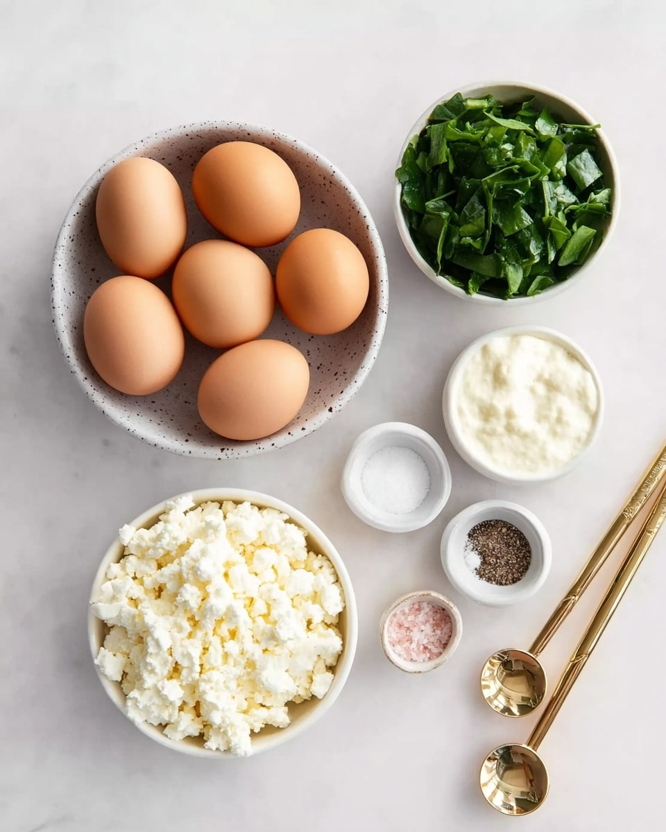 The image shows six brown eggs inside a light gray bowl with small dark specks, placed near four small white bowls arranged in a loose cluster on a white marbled surface. The bowl on the top right contains chopped green leafy vegetables, the bowl on the bottom left is filled with crumbled white cheese, and the bowl at the bottom center holds a creamy white substance. On the right side of the bowls, four gold and silver measuring spoons lie flat, filled with pink salt, white salt, a white powder, and black pepper. The scene is bright and clean, with clear soft shadows. photo taken with an iphone --ar 4:5 --v 7
