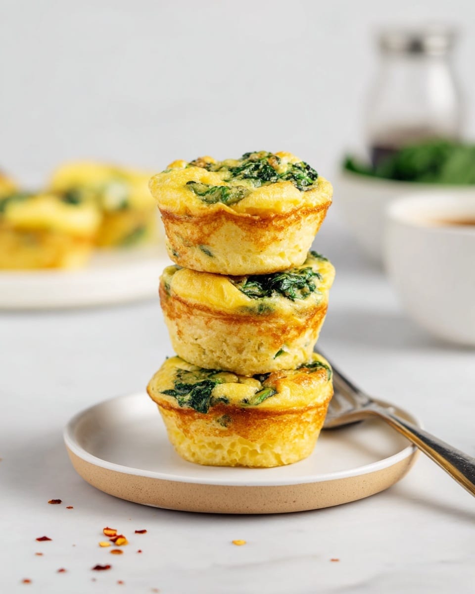 A stack of three egg muffins sits centered on a small white plate with a light beige rim, each muffin featuring a puffy, golden-yellow base with a slightly crispy texture and a top layer of fluffy eggs mixed with bright green spinach pieces, creating a colorful contrast; the background is a white marbled surface with soft-focused additional muffins on a white plate and a blurred bottle and bowl of greens, while a silver fork rests in the foreground with scattered small red flakes nearby, photo taken with an iphone --ar 4:5 --v 7