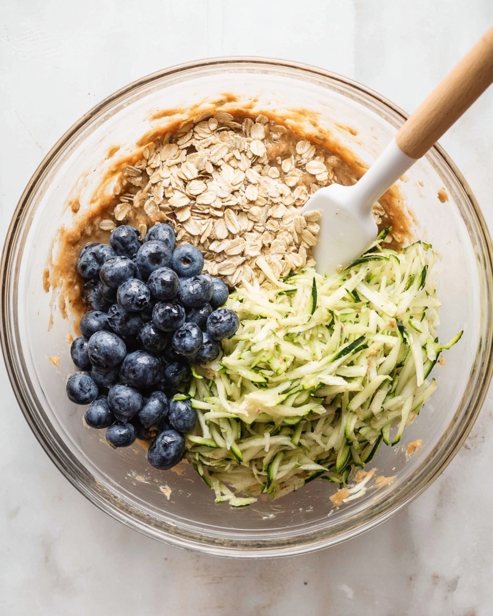 A clear glass bowl holds three main layers of ingredients. On the right side, there is a pile of thin, light green shredded zucchini with some darker green skin visible. On the left, there is a cluster of round, plump, dark blue blueberries. At the top, there is a layer of thick, light brown rolled oats mixed slightly with the base, which appears to be a wet, light brown batter underneath all the ingredients. A white spatula with a wooden handle rests inside the bowl, pointing towards the oats. The bowl is placed on a white marbled textured surface. photo taken with an iphone --ar 4:5 --v 7