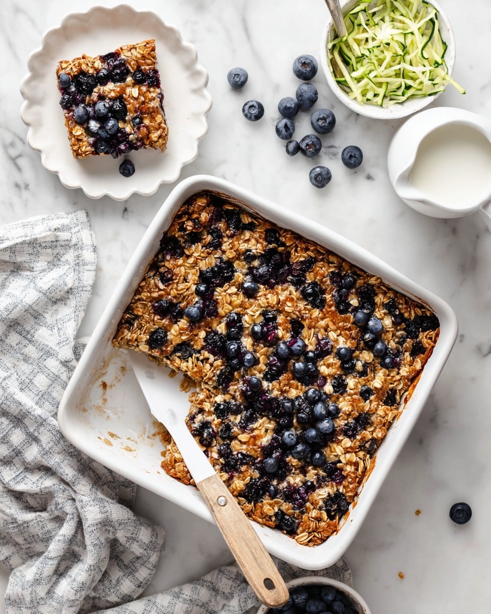 A square white baking dish holds a golden brown baked oat and blueberry casserole, about two layers thick, with the top layer showing toasted oats and scattered dark blueberries creating a textured, slightly crunchy surface. One corner of the casserole is missing, with a white spatula featuring a wooden handle lifting the piece gently from the dish. Nearby, a white plate with scalloped edges holds a square slice of the casserole topped with more fresh blueberries, and a silver fork rests beside it. A small white jug with milk sits close by. The background and surface are white marble, with scattered fresh blueberries and a small bowl filled with shredded zucchini, and a gray checkered cloth draped casually on the side. photo taken with an iphone --ar 4:5 --v 7