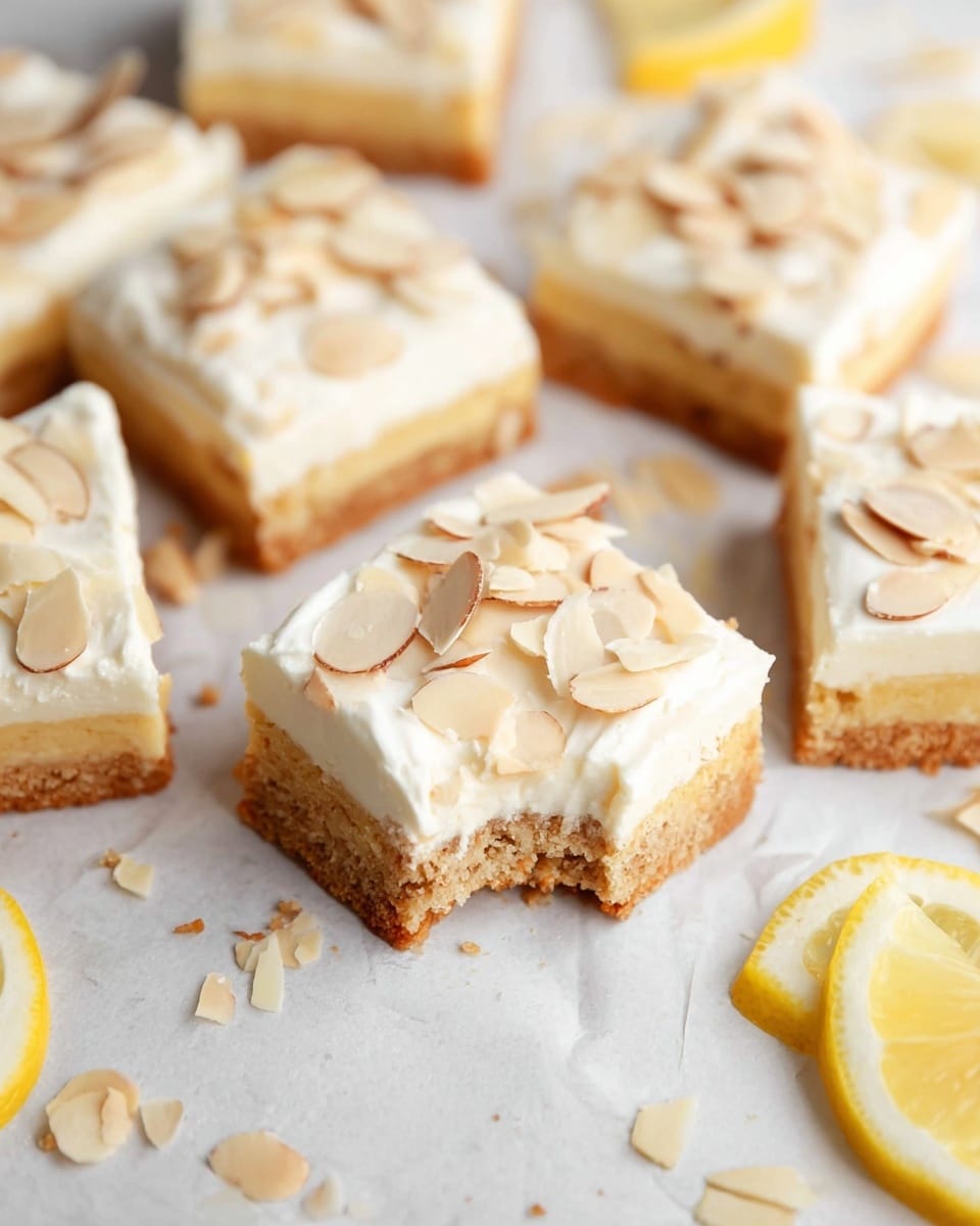 The image shows several square bars with two clear layers placed on a white marbled surface. The bottom layer is thick, light brown with a crumbly texture, and the top layer is a thick, smooth white frosting. Light brown sliced almonds are scattered on top of the frosting, adding a crunchy texture. One square bar is held slightly above the surface, showing the layers clearly with a bite taken out from one corner. Around the bars, there are thin lemon slices adding a splash of yellow color to the scene. The whole view has soft lighting that highlights the creamy and crumbly textures, photo taken with an iphone --ar 4:5 --v 7