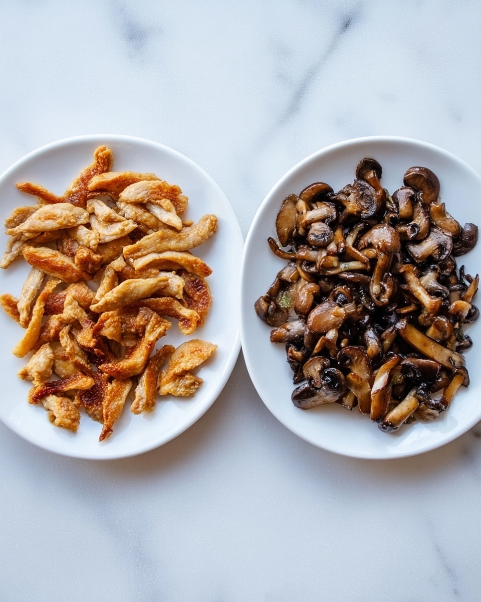 Two white plates sit side by side on a white marbled surface. The plate on the left holds many pieces of cooked, light golden brown strips of meat arranged loosely, showing some crispy edges. The plate on the right is filled with sliced cooked mushrooms that are dark brown and glistening, piled high and showing varied textures from soft to slightly firm. photo taken with an iphone --ar 4:5 --v 7